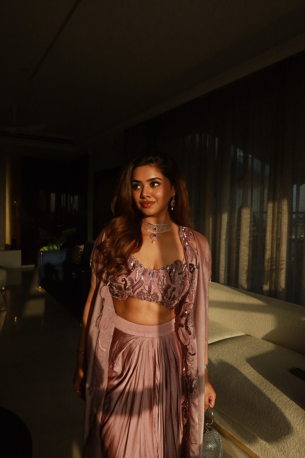 Shreya in lilac cape set