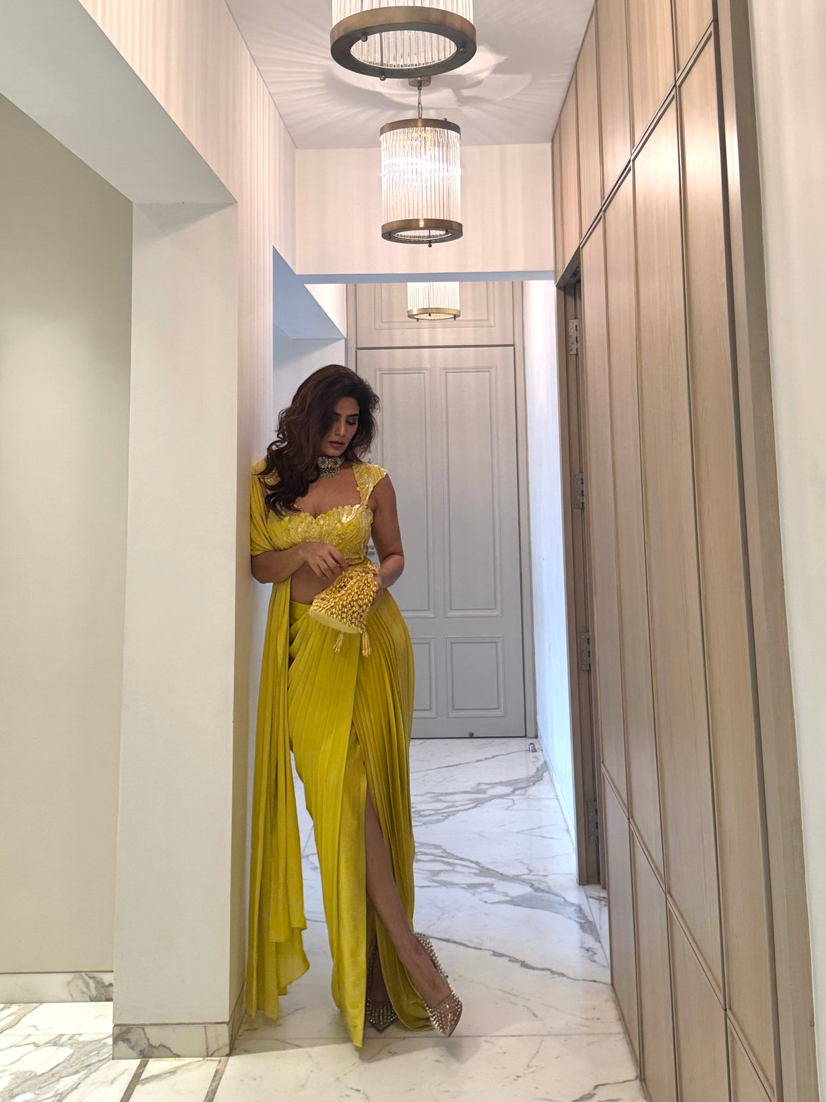 KRISHNA TALESARA IN LIME YELLOW CUTWORK KNIFE PLEATED SAREE