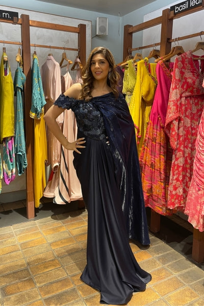 MIDNIGHT BLUE DRAPE GOWN WITH DETACHABLE PALLA
