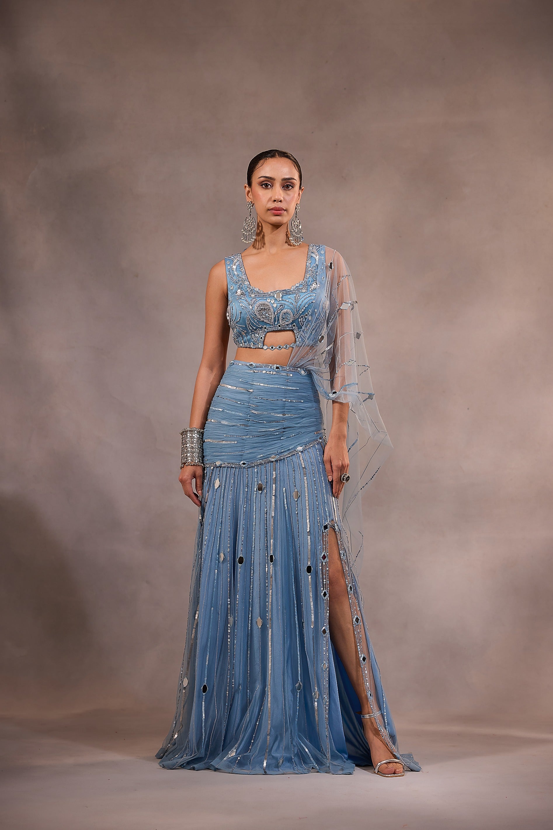 Powder Blue Embellished Mermaid Lehenga Saree Set