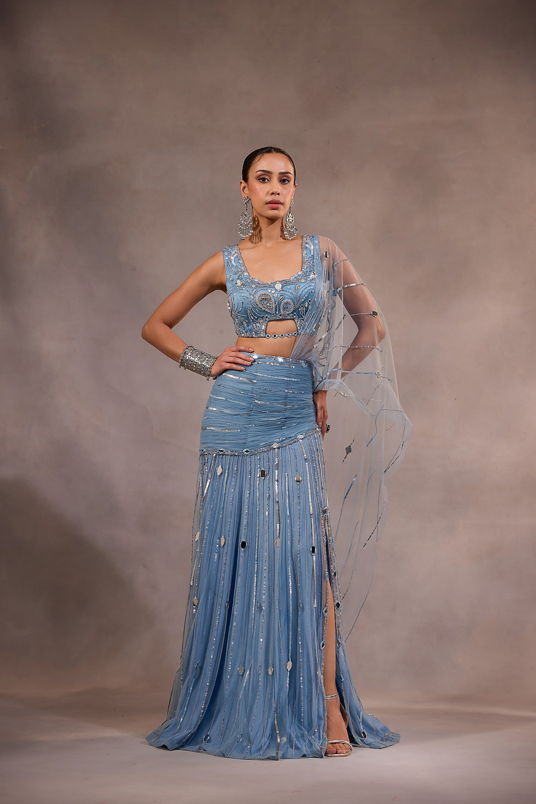 Powder Blue Embellished Mermaid Lehenga Saree Set