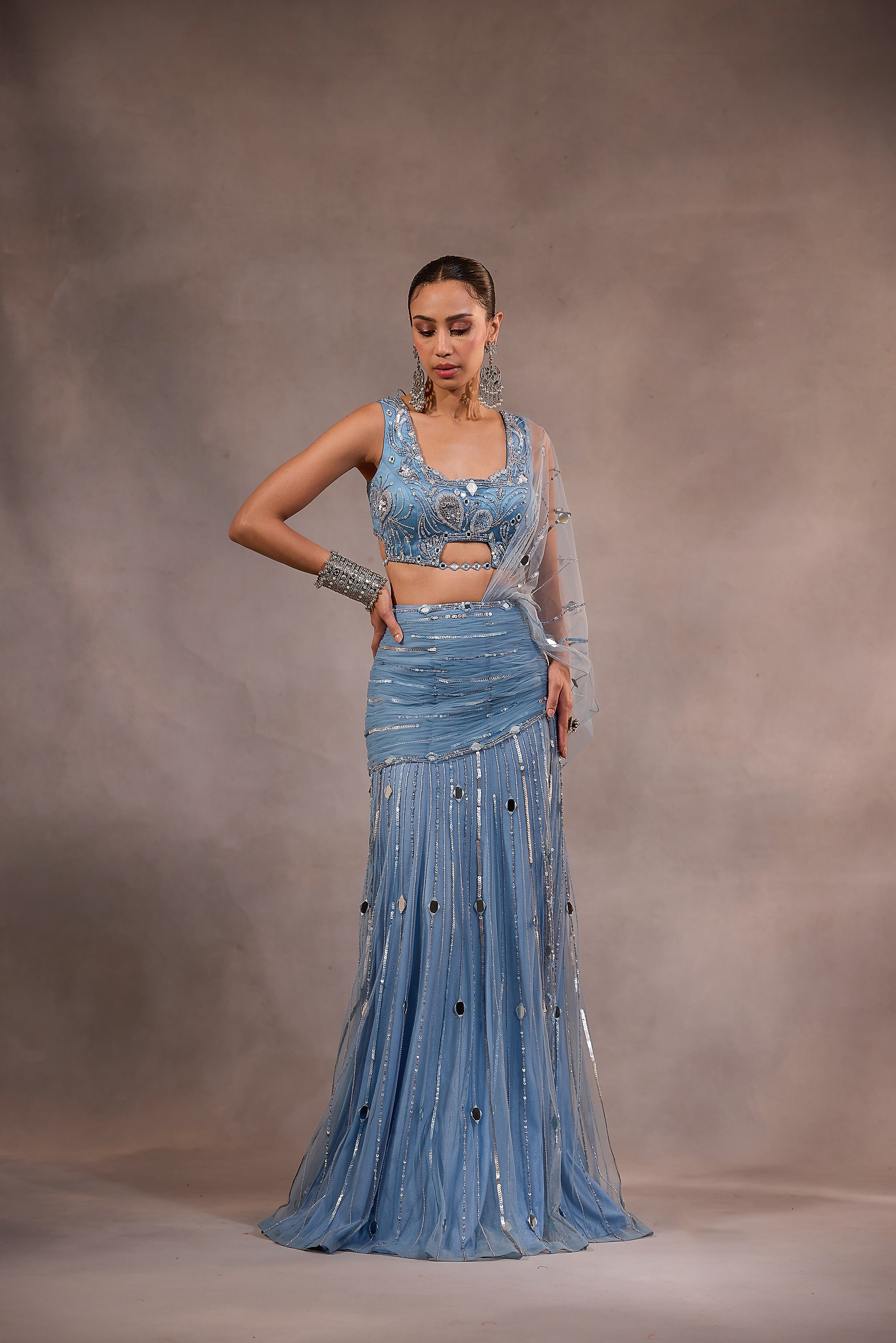 Powder Blue Embellished Mermaid Lehenga Saree Set