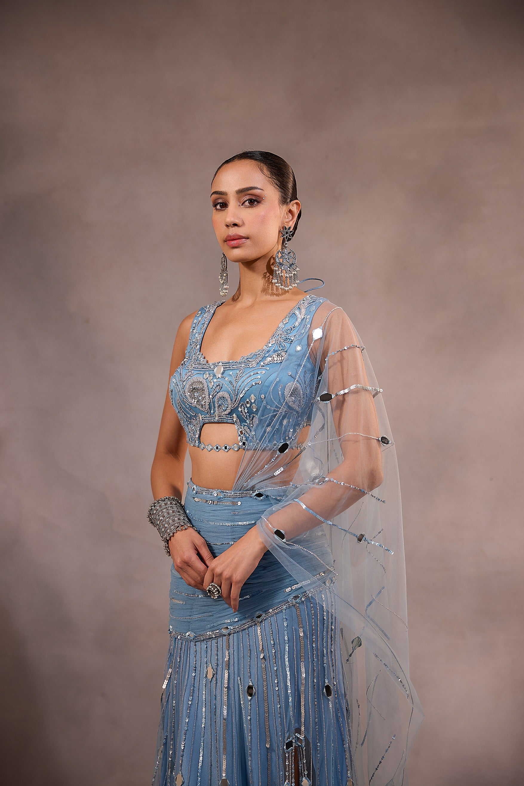 Powder Blue Embellished Mermaid Lehenga Saree Set