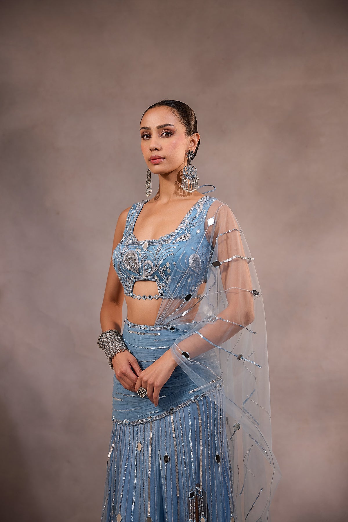 Powder Blue Embellished Mermaid Lehenga Saree Set