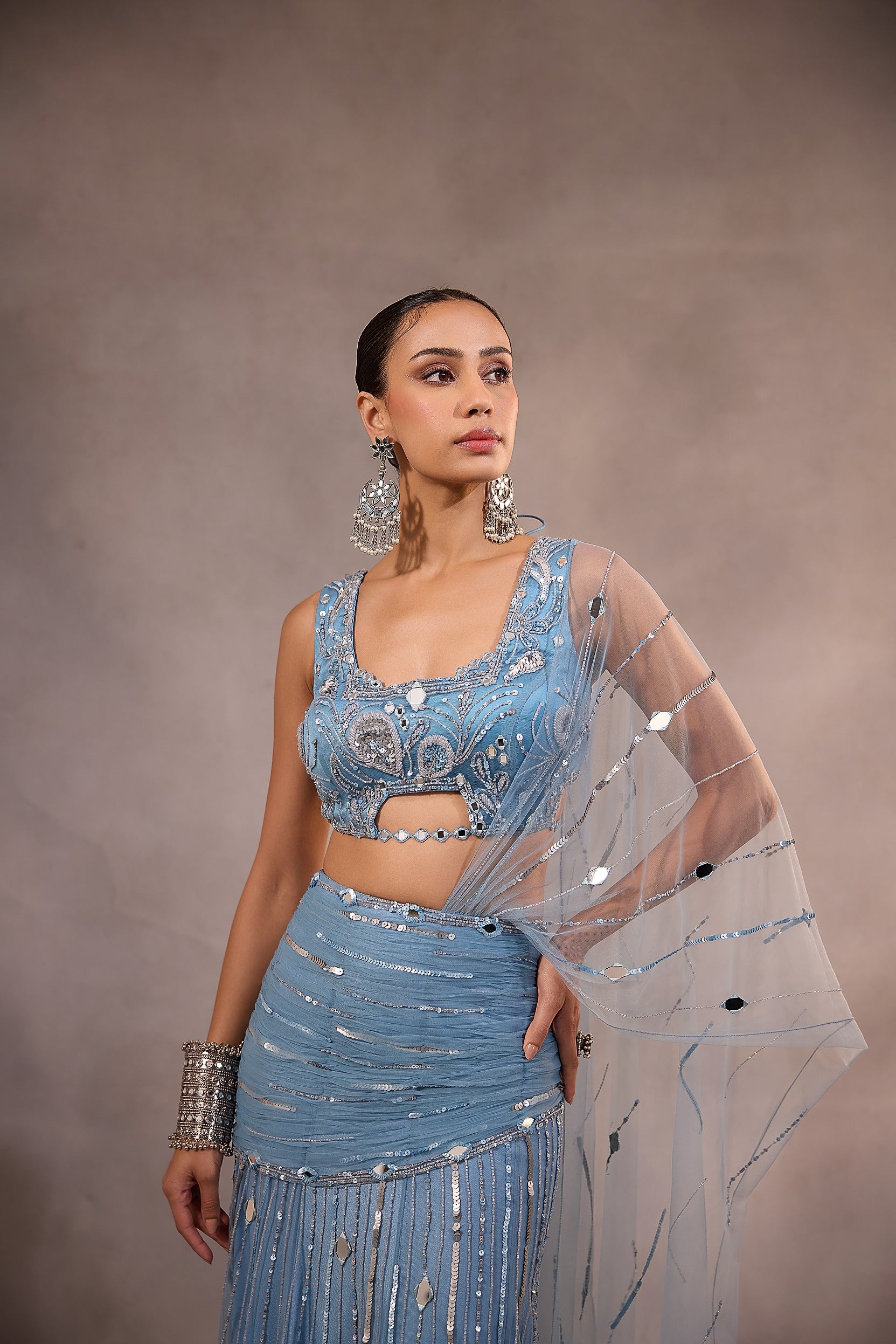 Powder Blue Embellished Mermaid Lehenga Saree Set