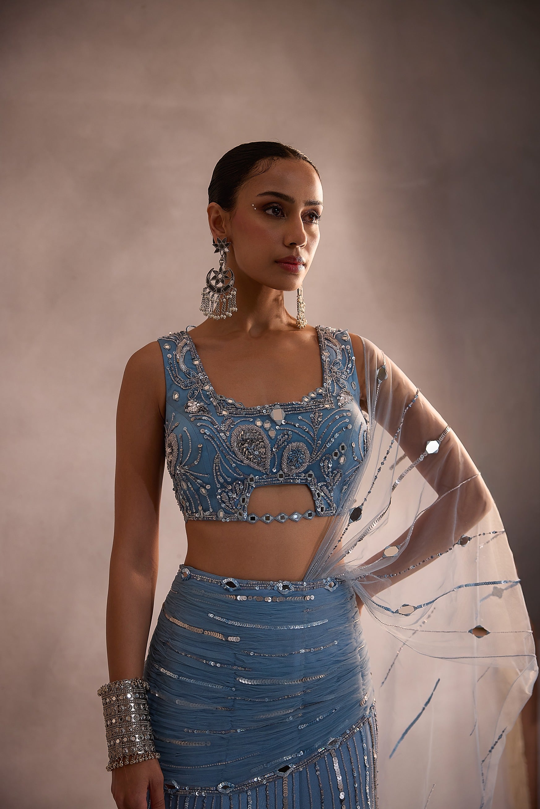 Powder Blue Embellished Mermaid Lehenga Saree Set