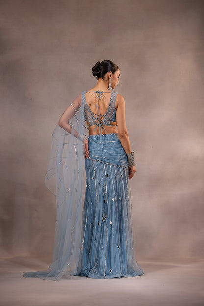 Powder Blue Embellished Mermaid Lehenga Saree Set