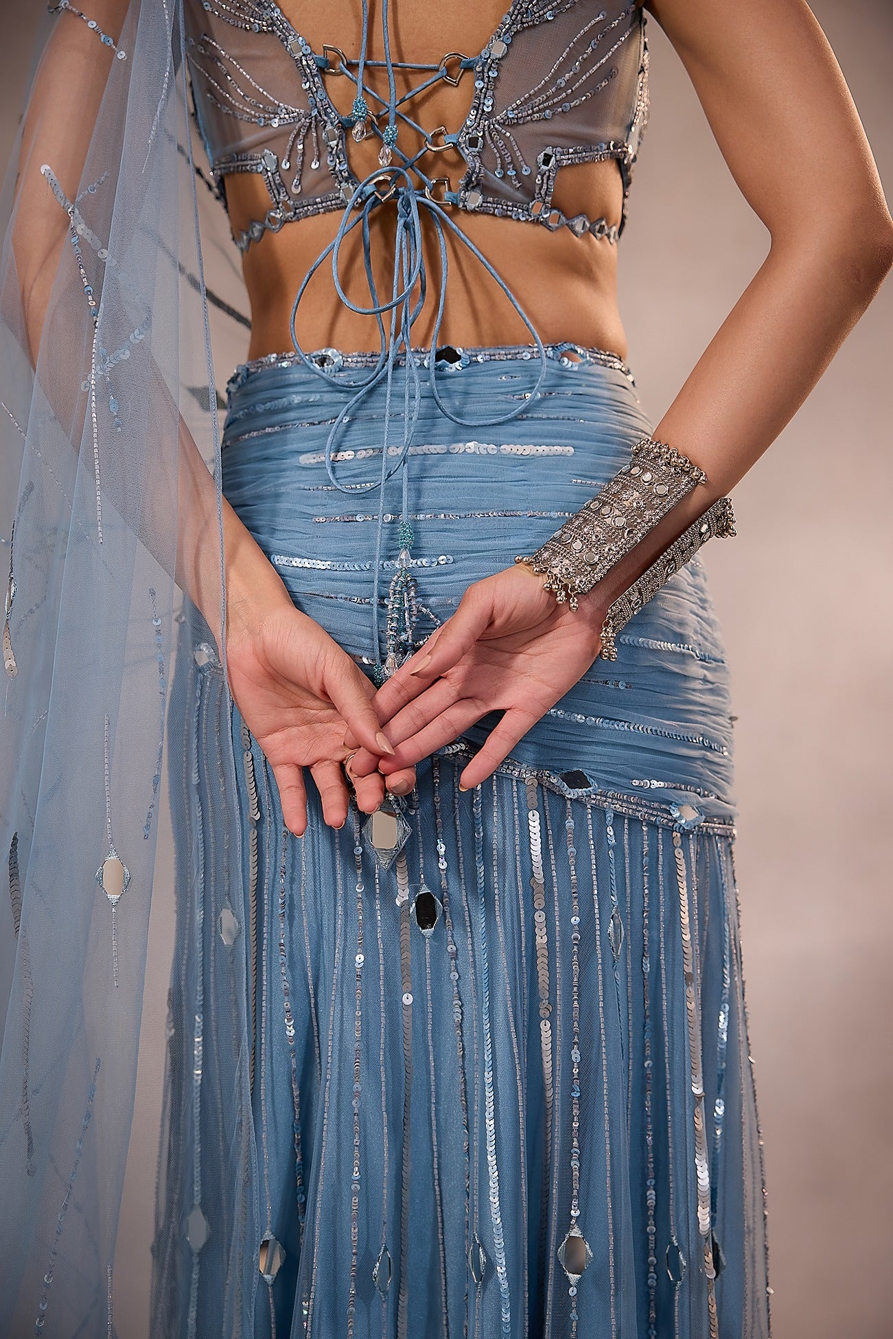 Powder Blue Embellished Mermaid Lehenga Saree Set