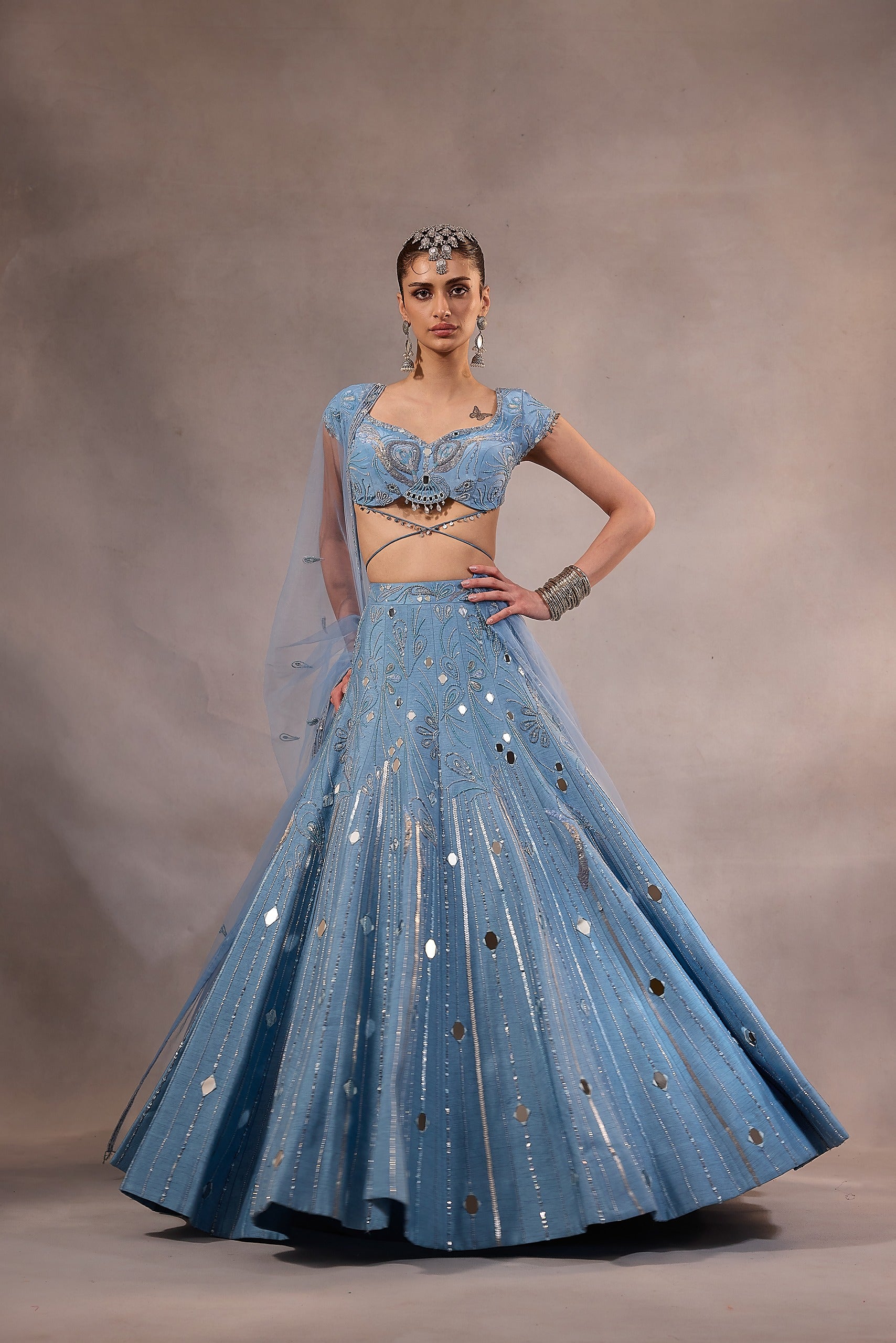 Powder Blue Mirror Embroidered Lehenga