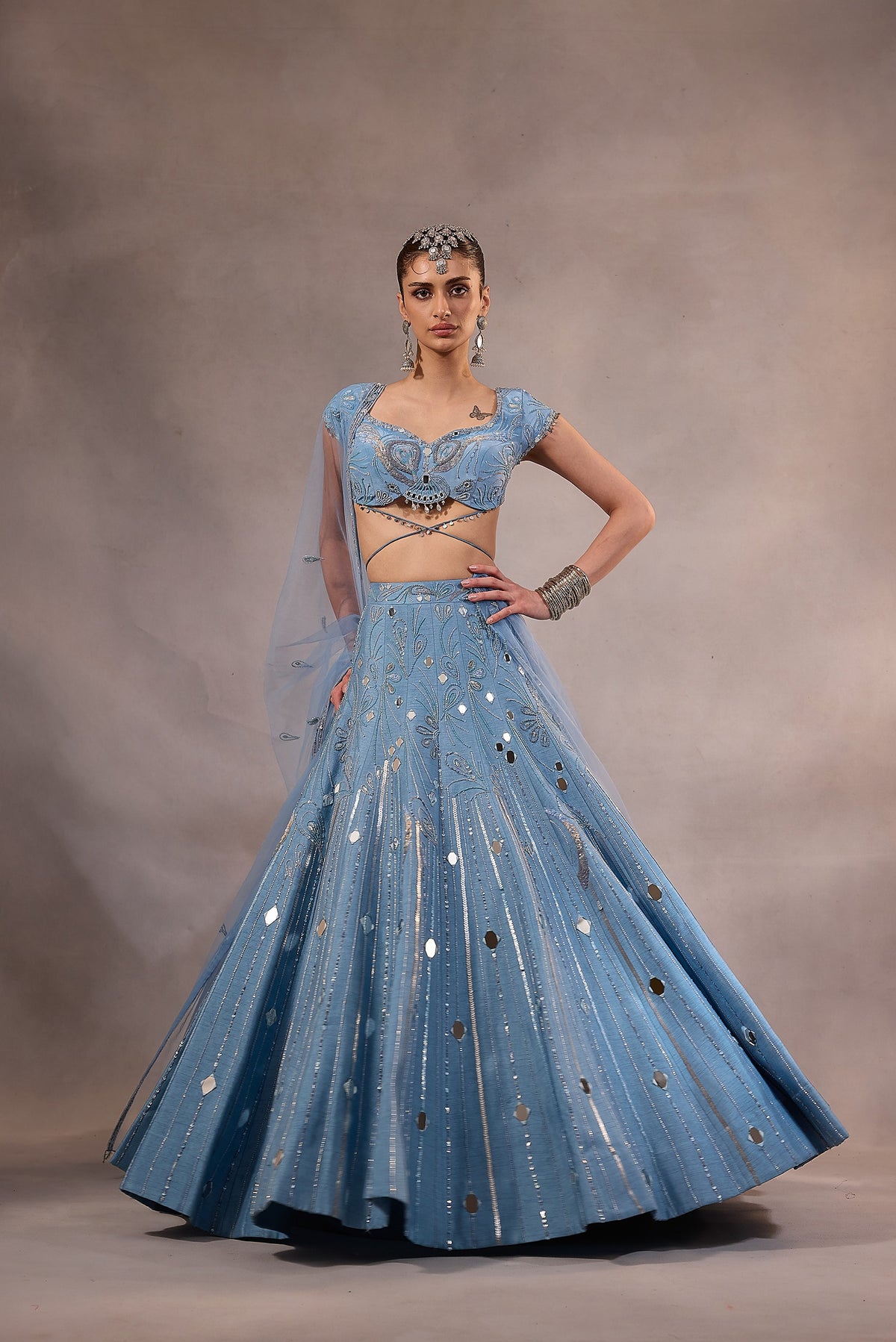 Powder Blue Mirror Embroidered Lehenga