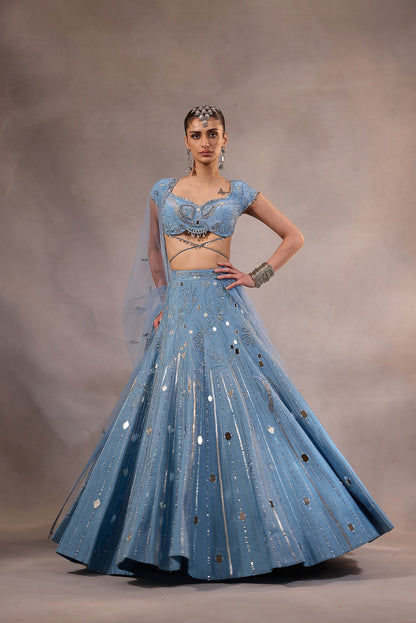 Powder Blue Mirror Embroidered Lehenga