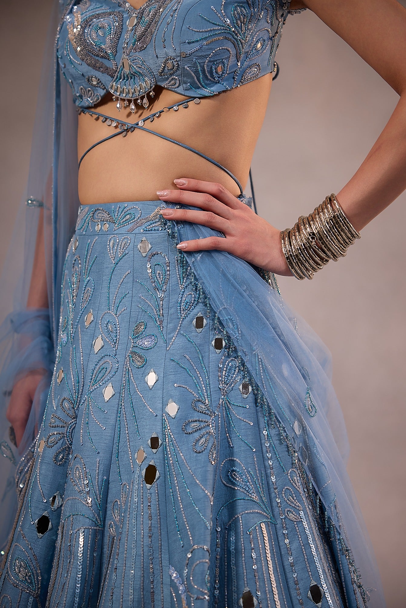 Powder Blue Mirror Embroidered Lehenga