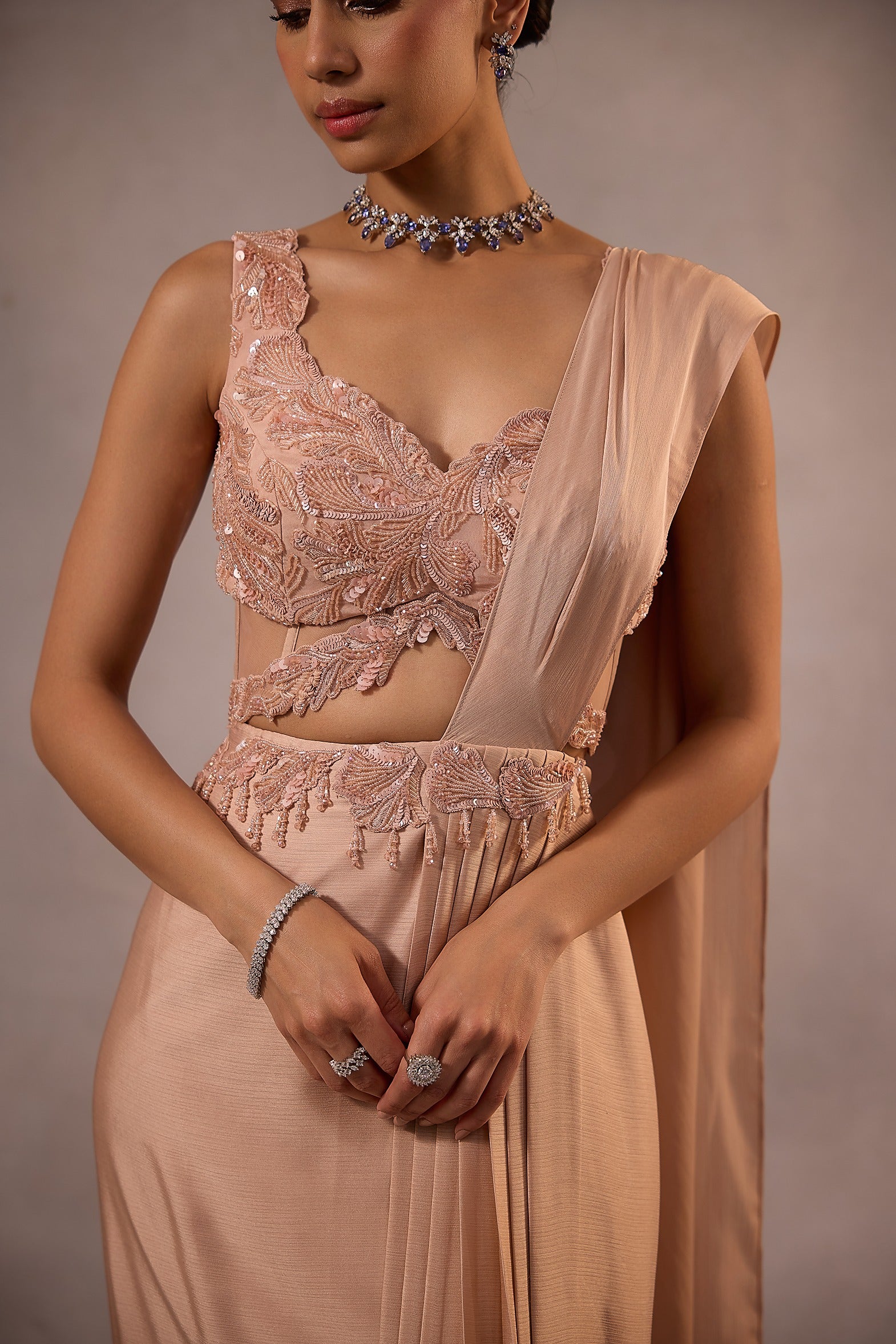 Champagne Pink  Embellished Draped Saree Set with Sculpted Blouse
