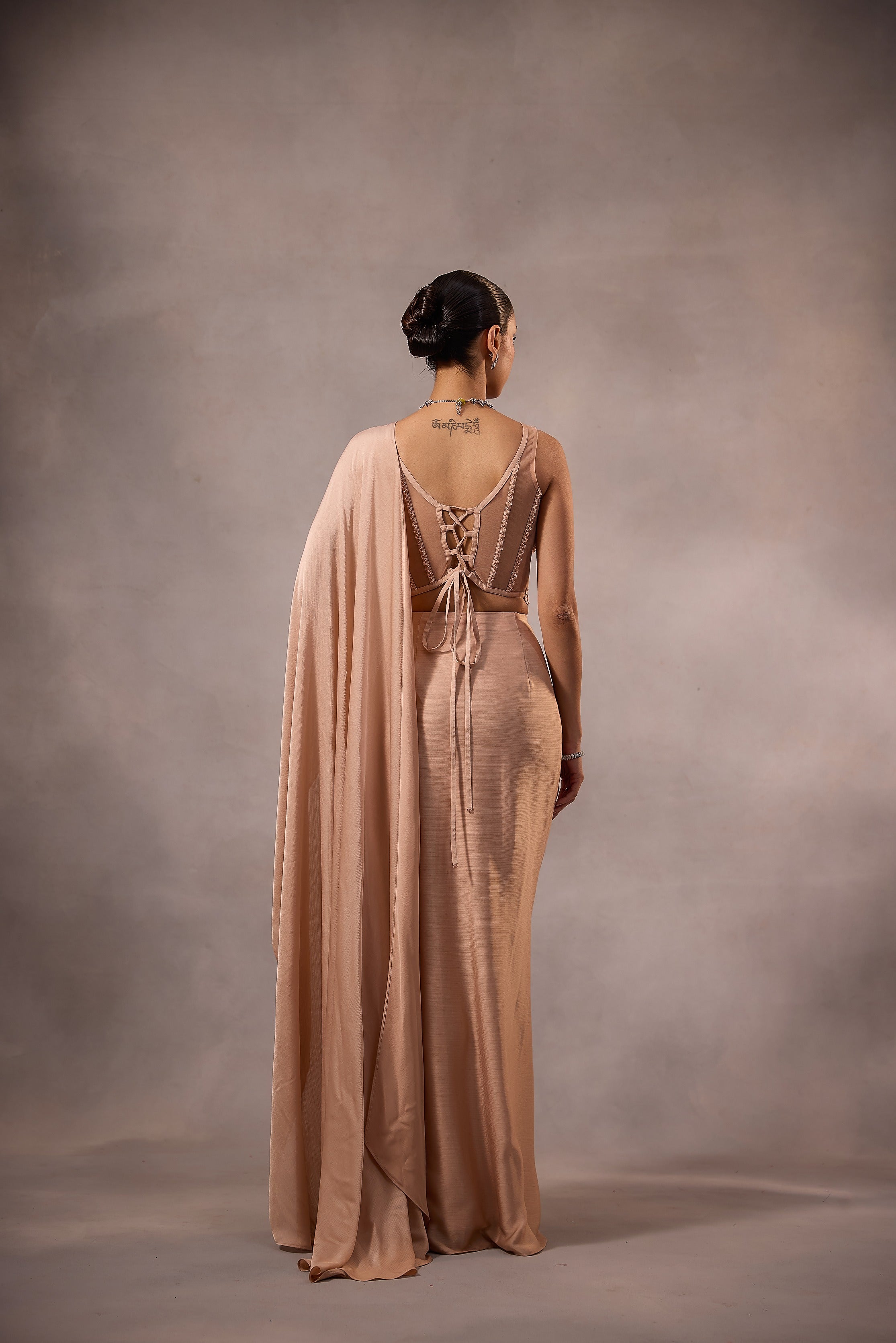 Champagne Pink  Embellished Draped Saree Set with Sculpted Blouse