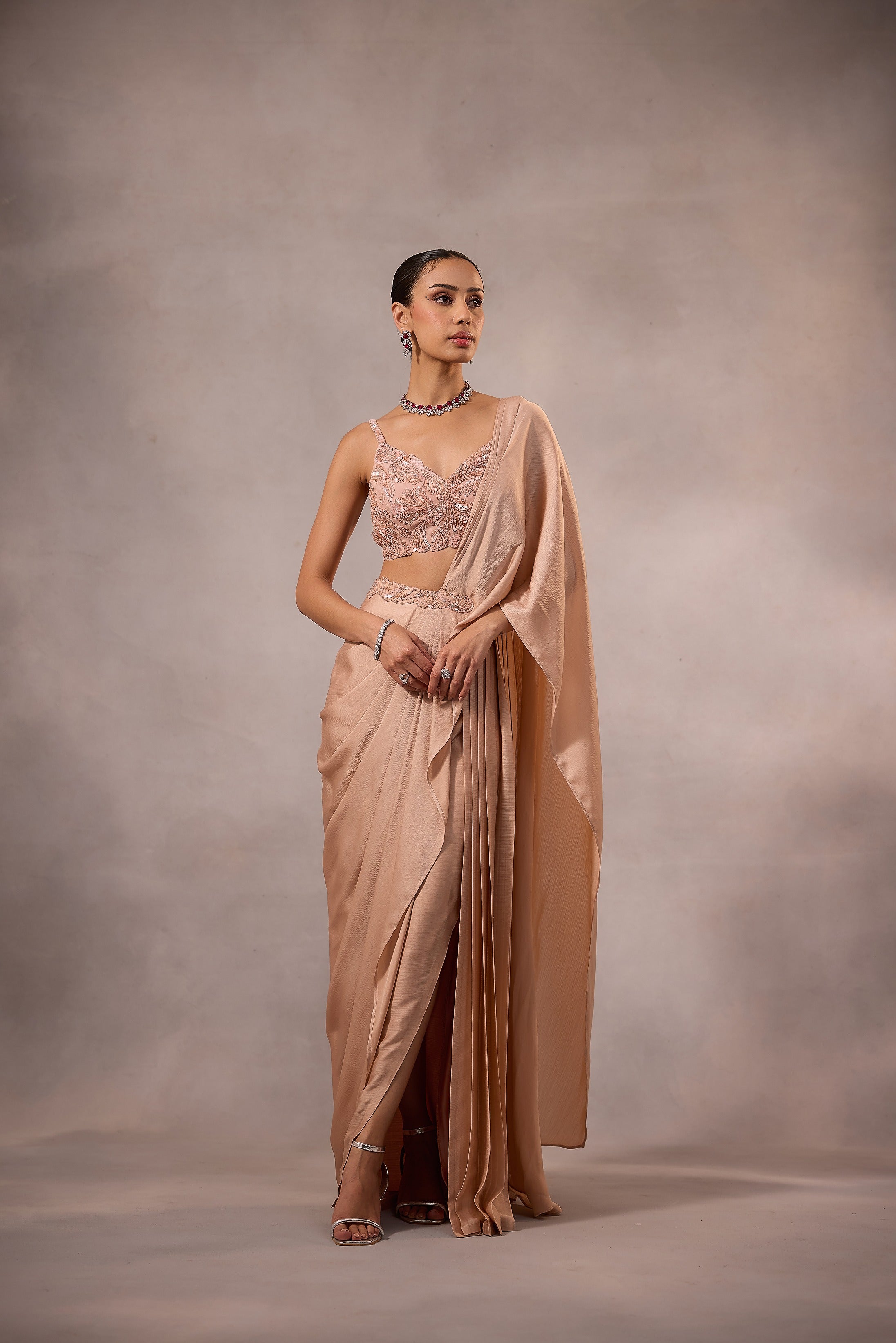 Champagne Pink  Draped Saree Set with Embellished Bustier Blouse