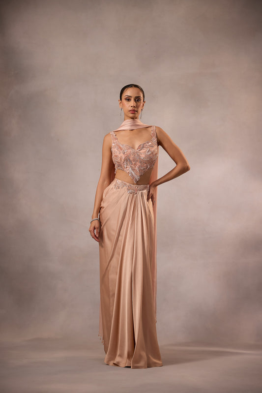 Champagne Pink Drape Skirt with Blouse & Stole