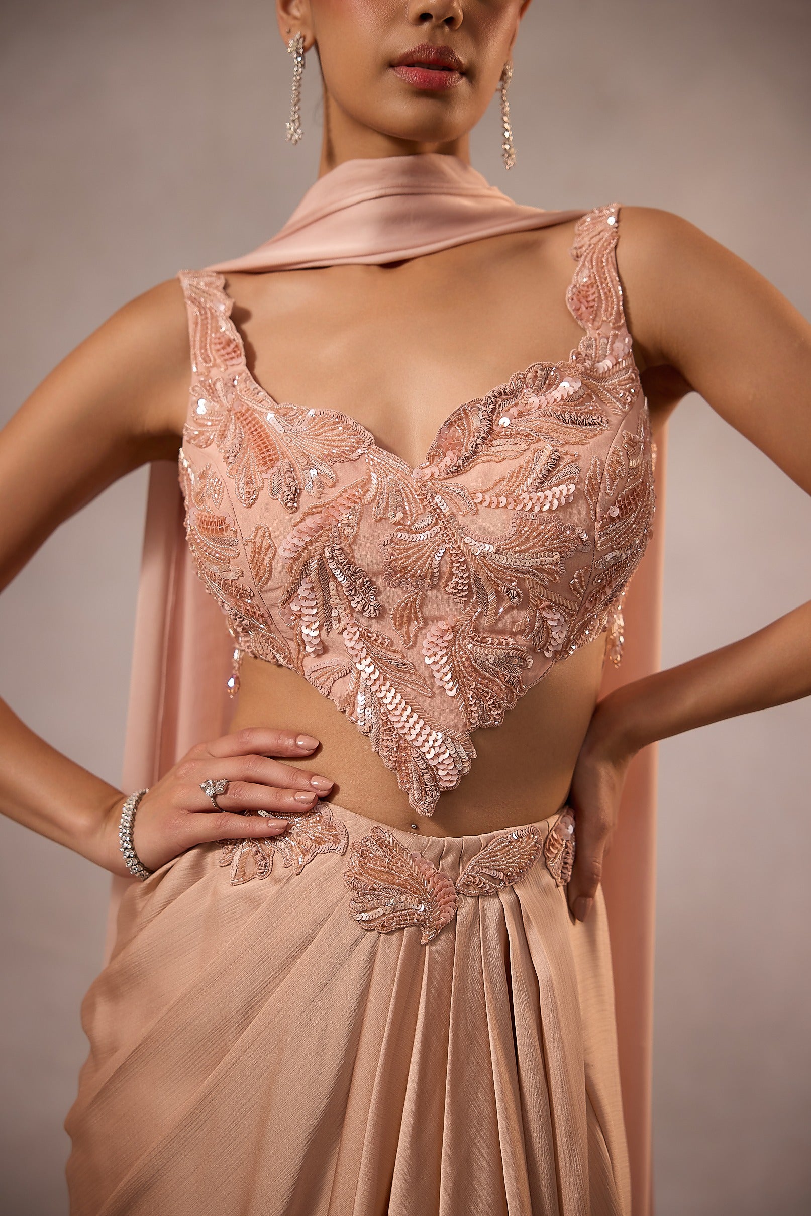 Champagne Pink Drape Skirt with Blouse & Stole