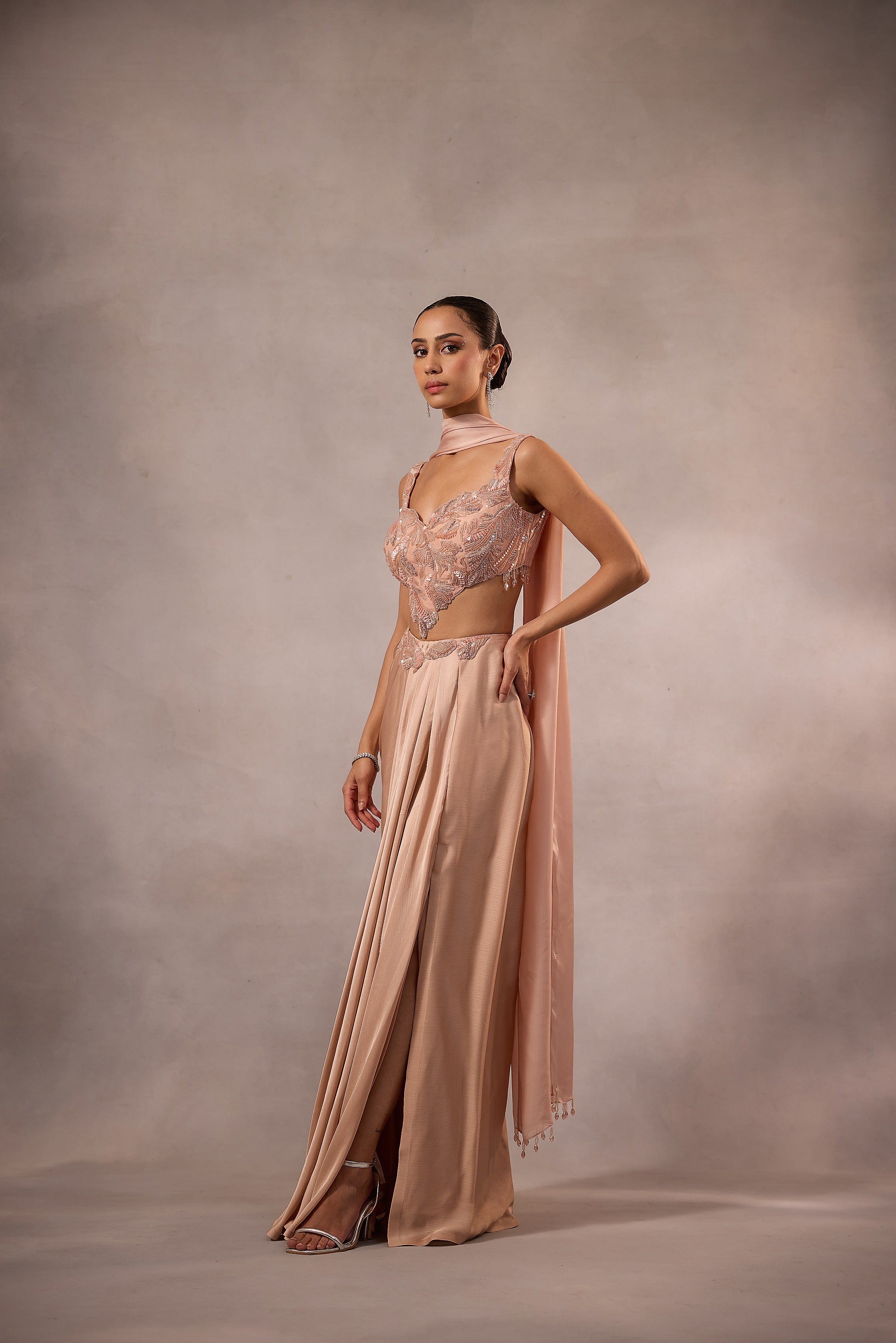 Champagne Pink Drape Skirt with Blouse & Stole