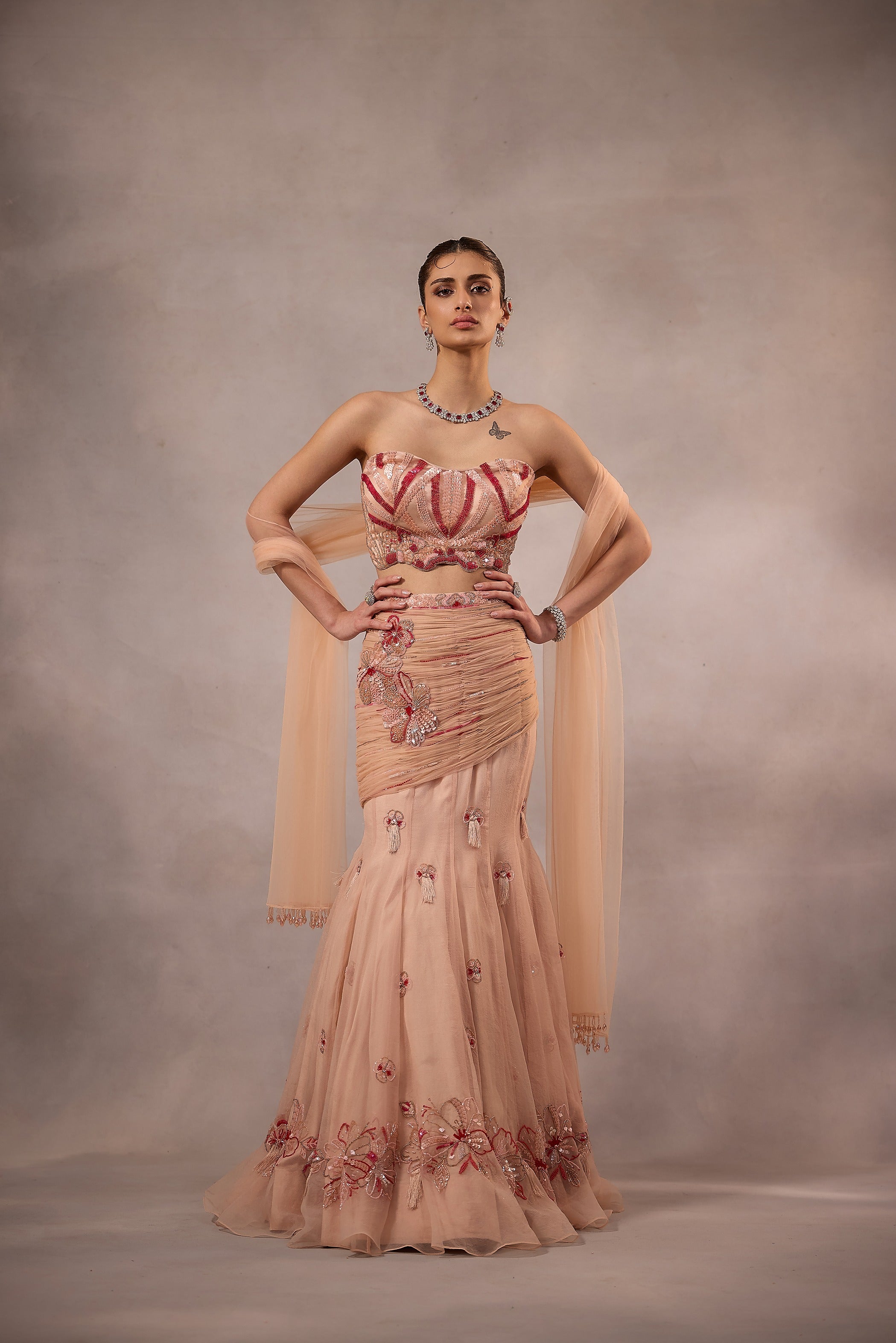 Powder Pink Embroidered Fishcut Drape Lehenga with Blouse -set of 3