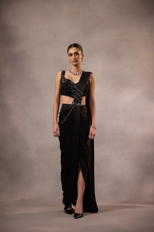 Black Embroidered Blouse with Drape Saree