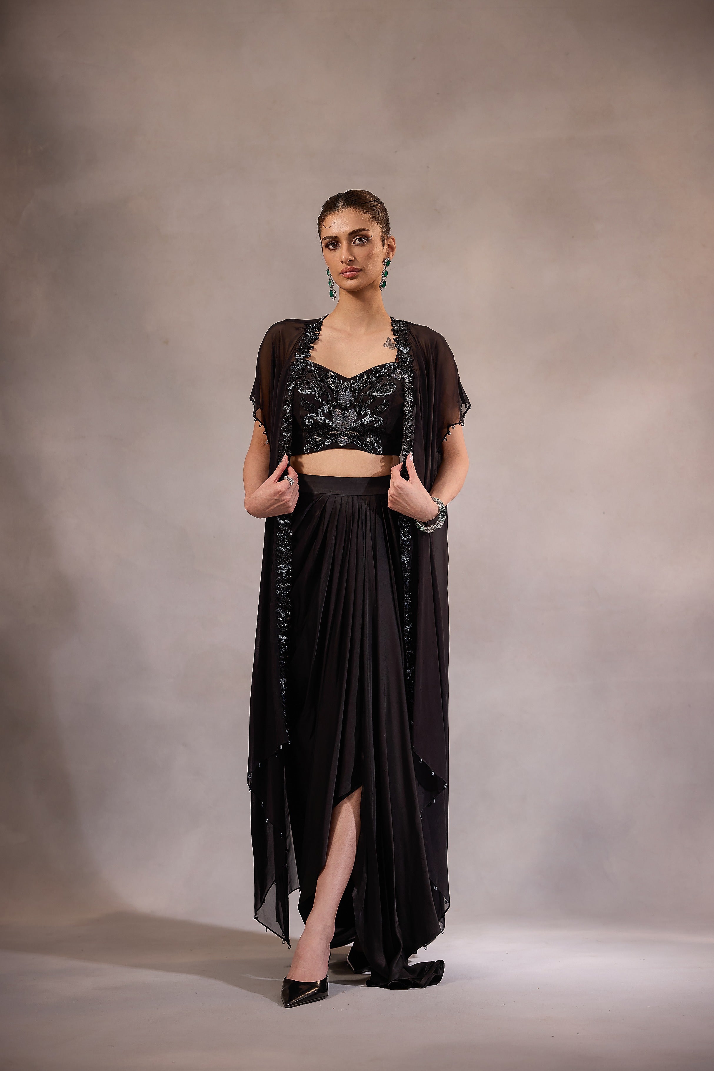 Black Embroidered Cape Set of 3