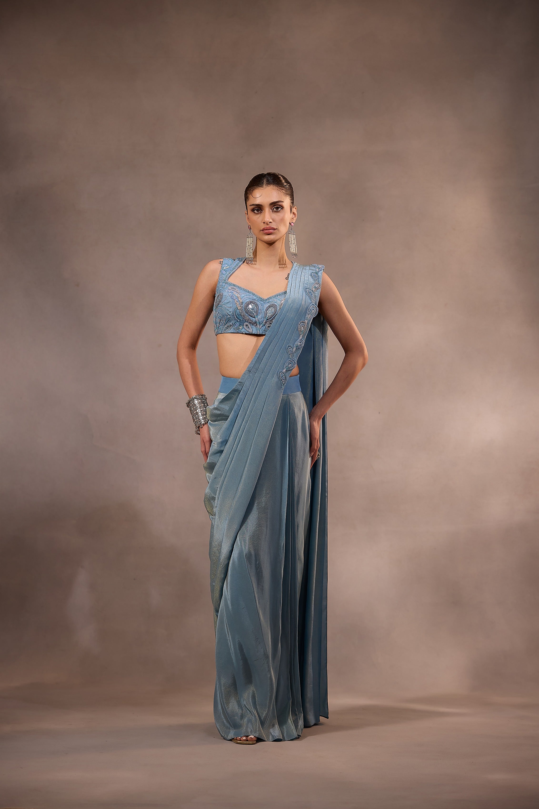 Blue Drape Saree with Embroidered Blouse