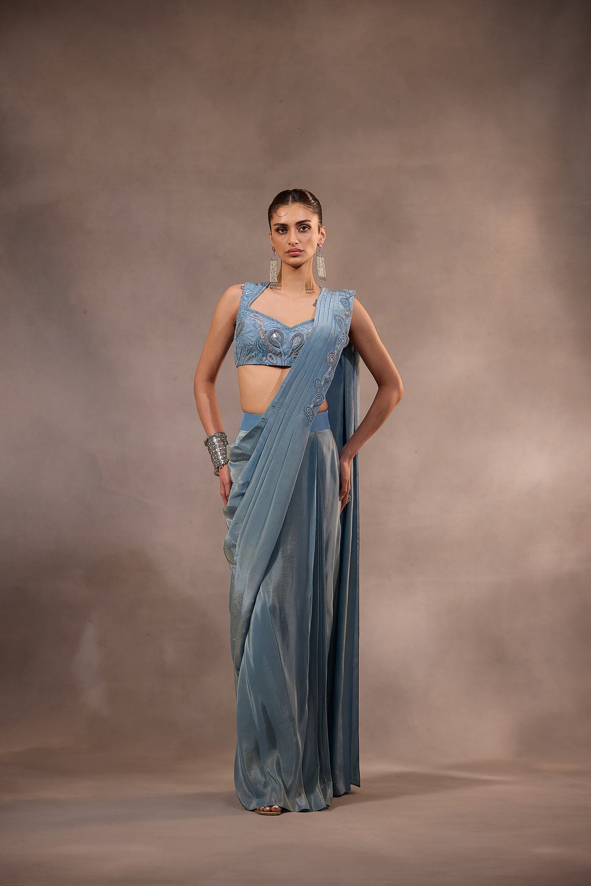 Blue Drape Saree with Embroidered Blouse