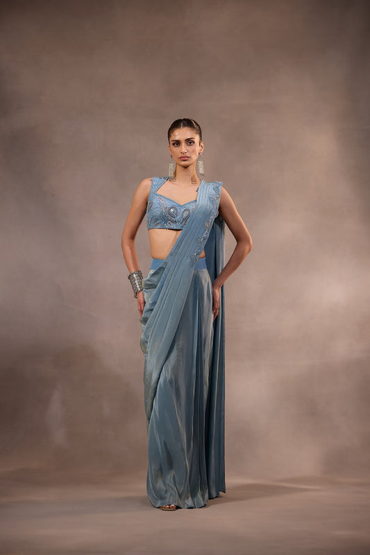 Blue Drape Saree with Embroidered Blouse
