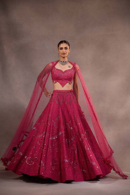 Cherry Pink Embroidered Lehenga Set of 3