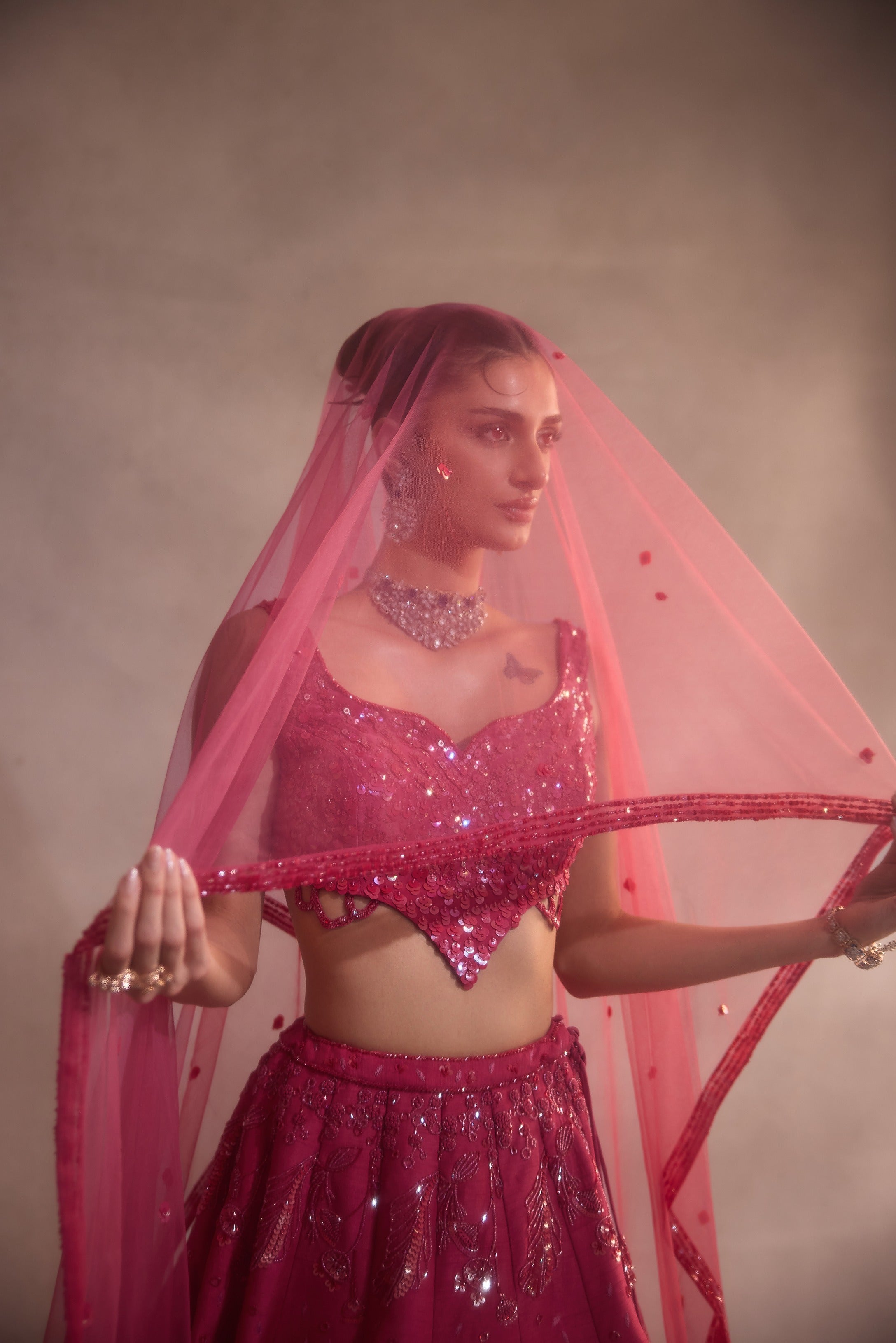 Cherry Pink Embroidered Lehenga Set of 3
