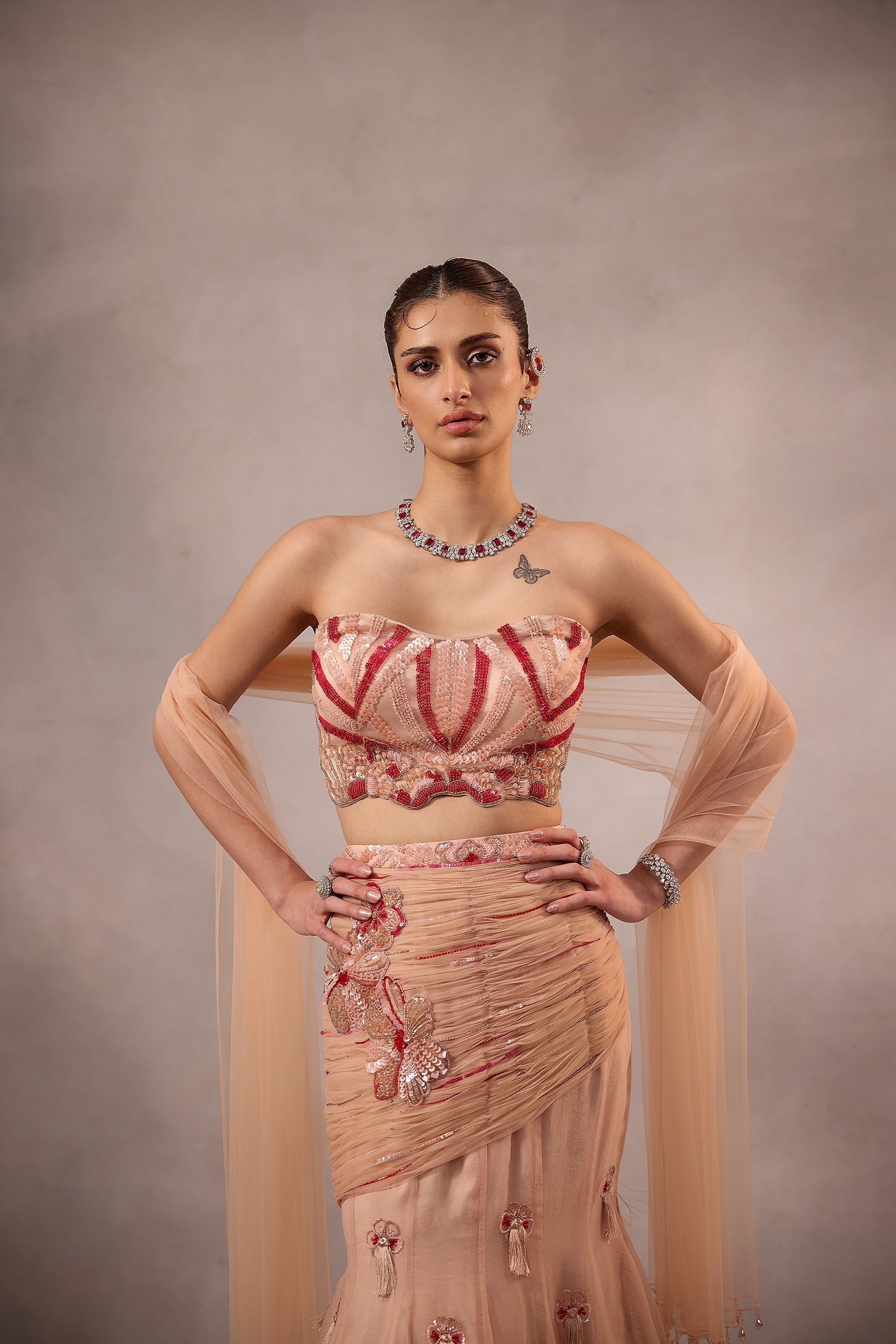 Powder Pink Embroidered Fishcut Drape Lehenga with Blouse -set of 3