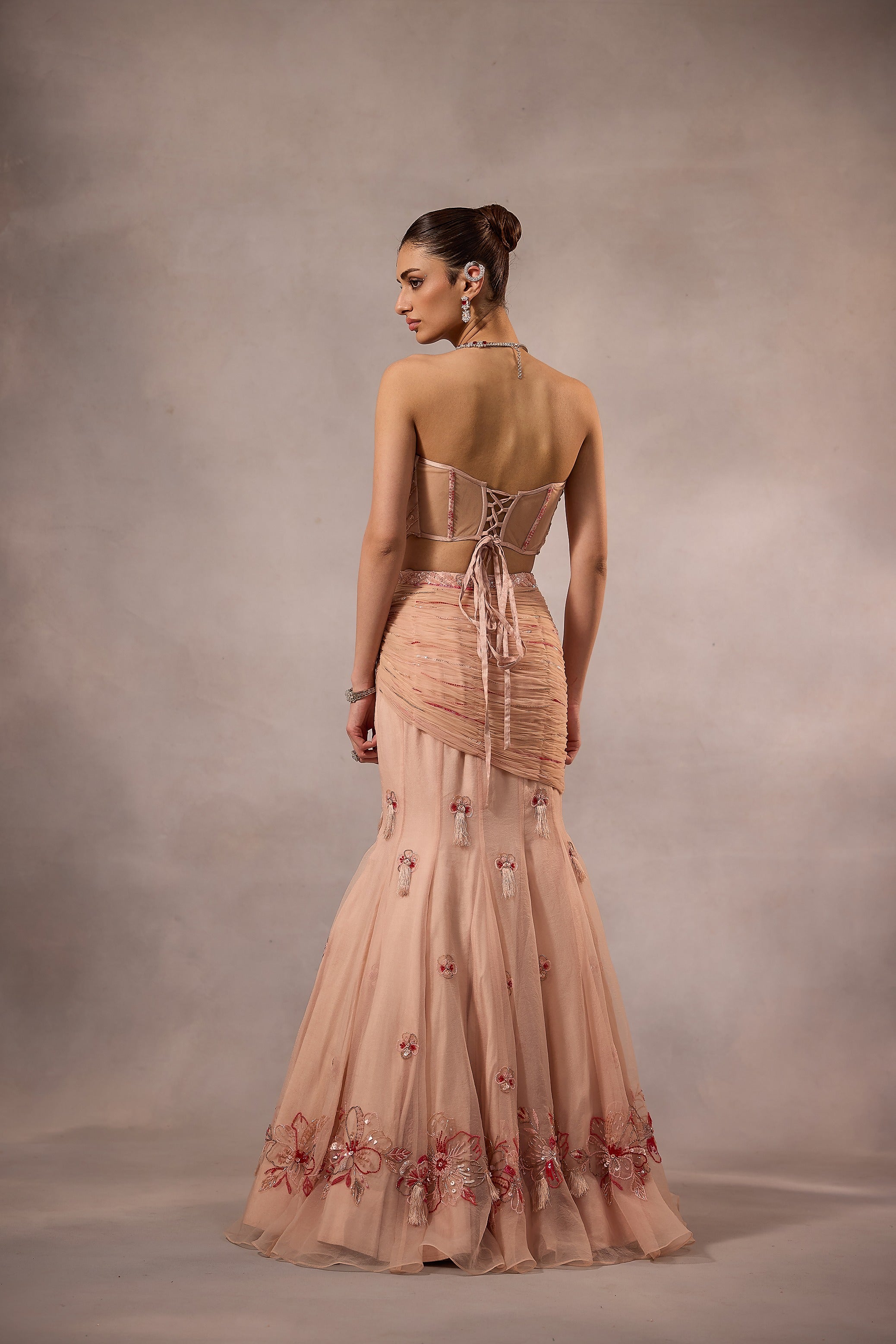Powder Pink Embroidered Fishcut Drape Lehenga with Blouse -set of 3