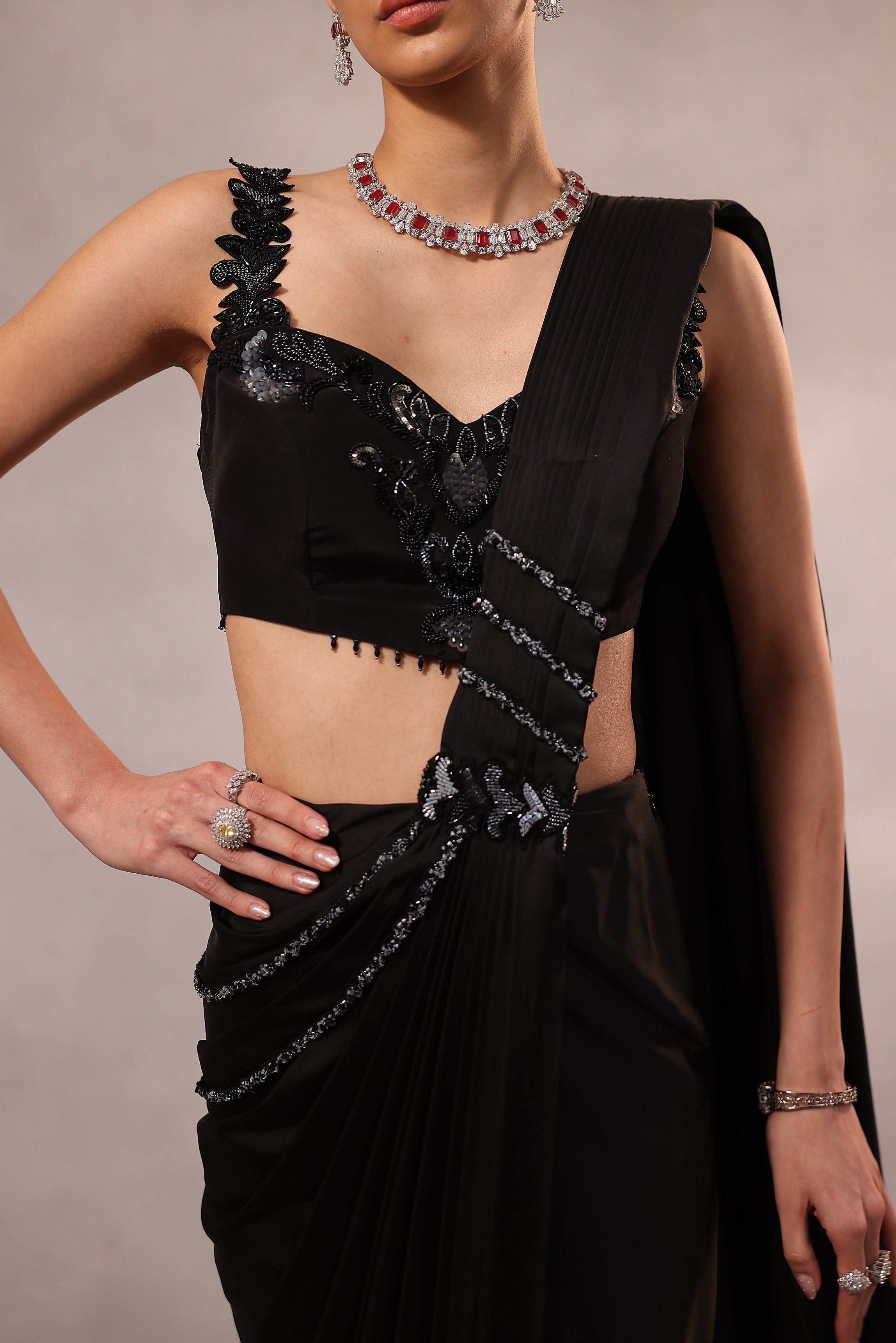 Black Embroidered Blouse with Drape Saree