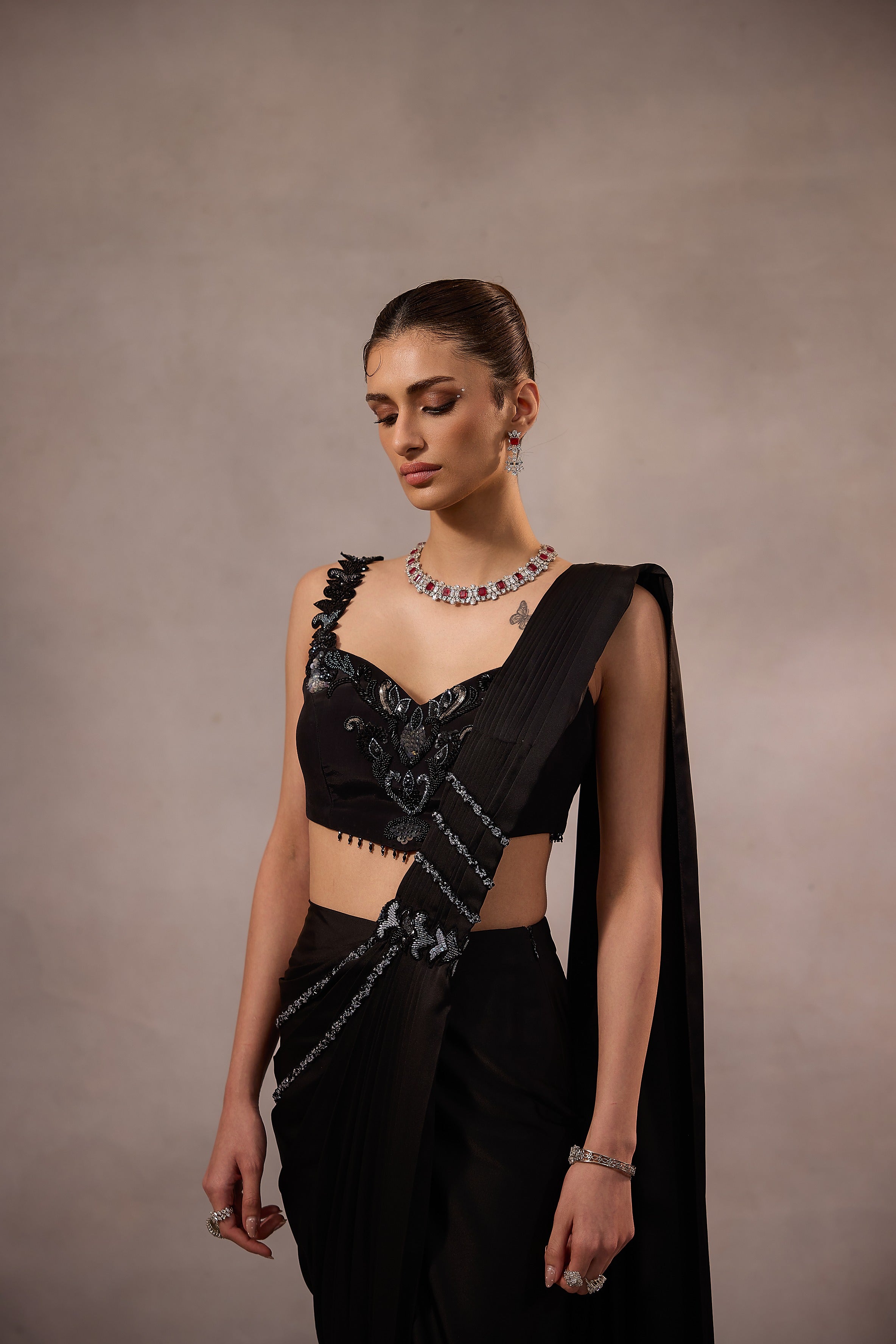 Black Embroidered Blouse with Drape Saree