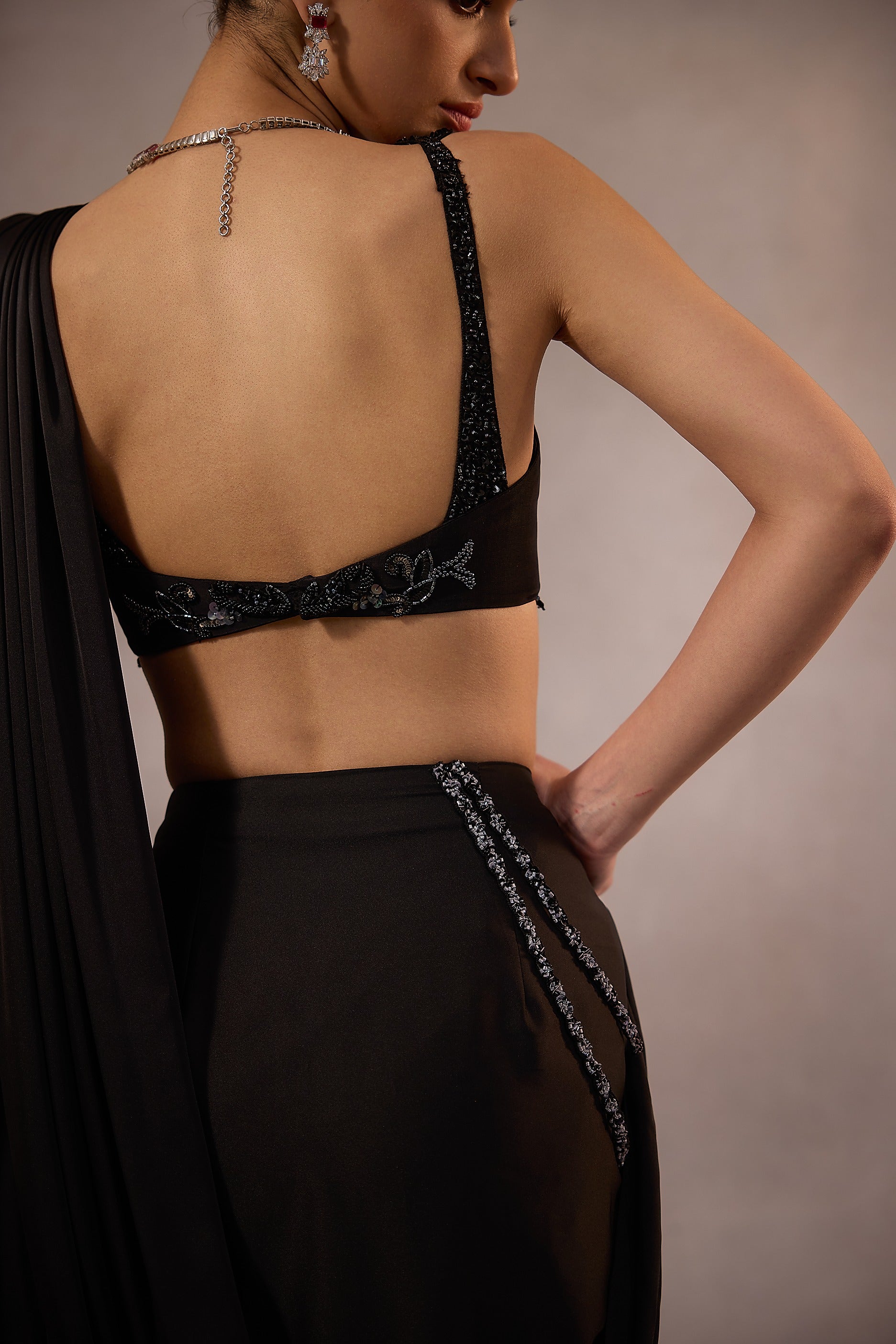 Black Embroidered Blouse with Drape Saree