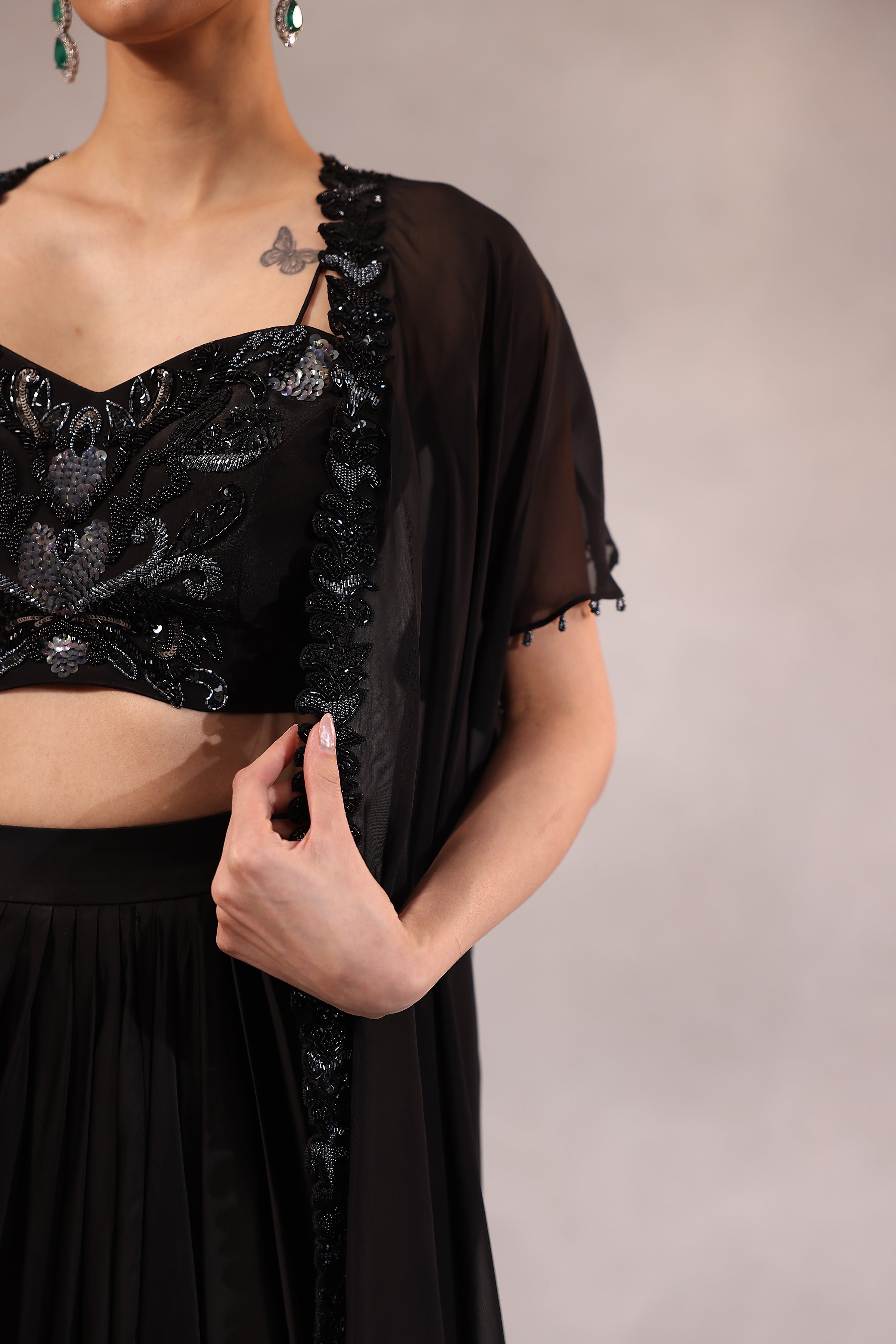 Black Embroidered Cape Set of 3