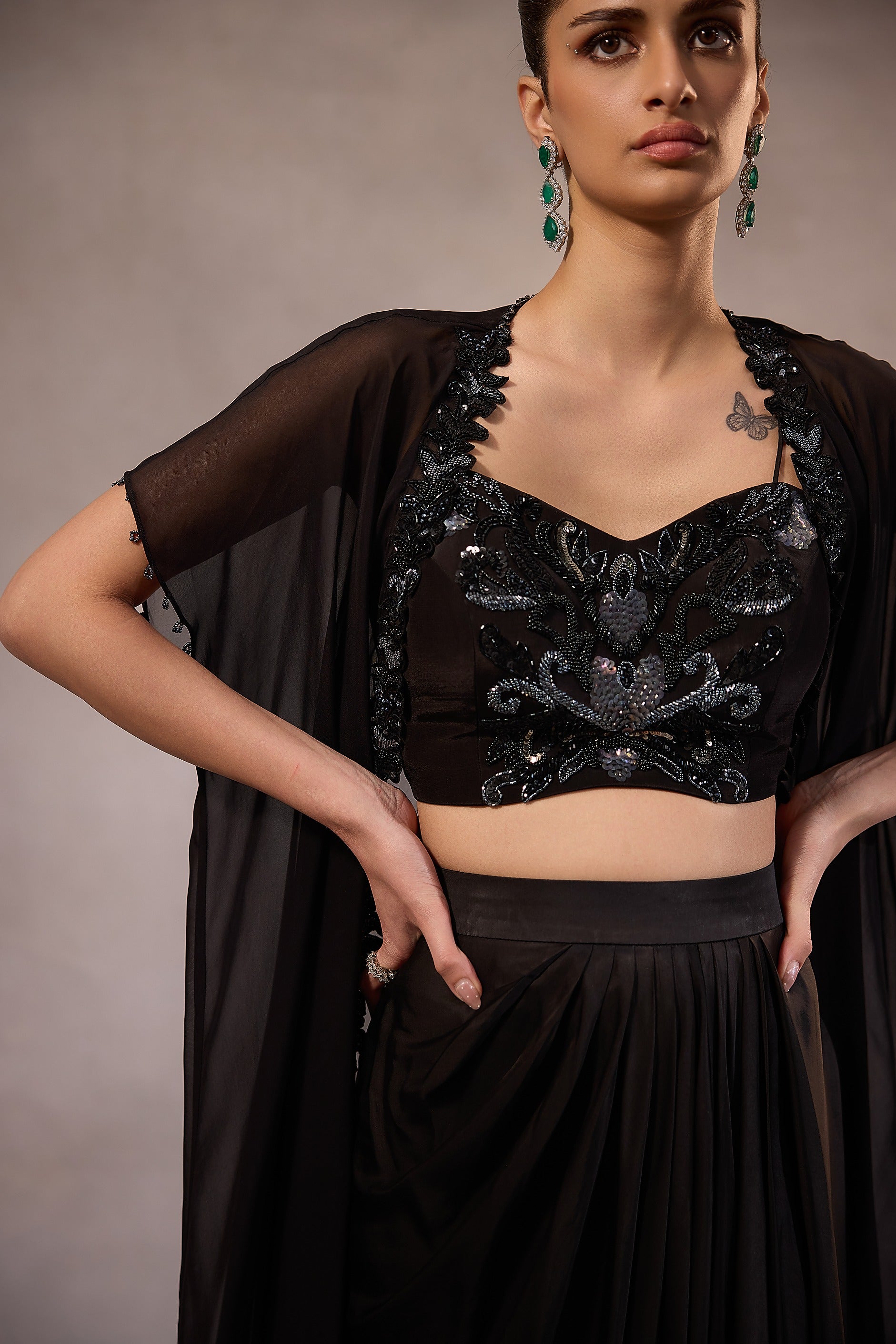 Black Embroidered Cape Set of 3