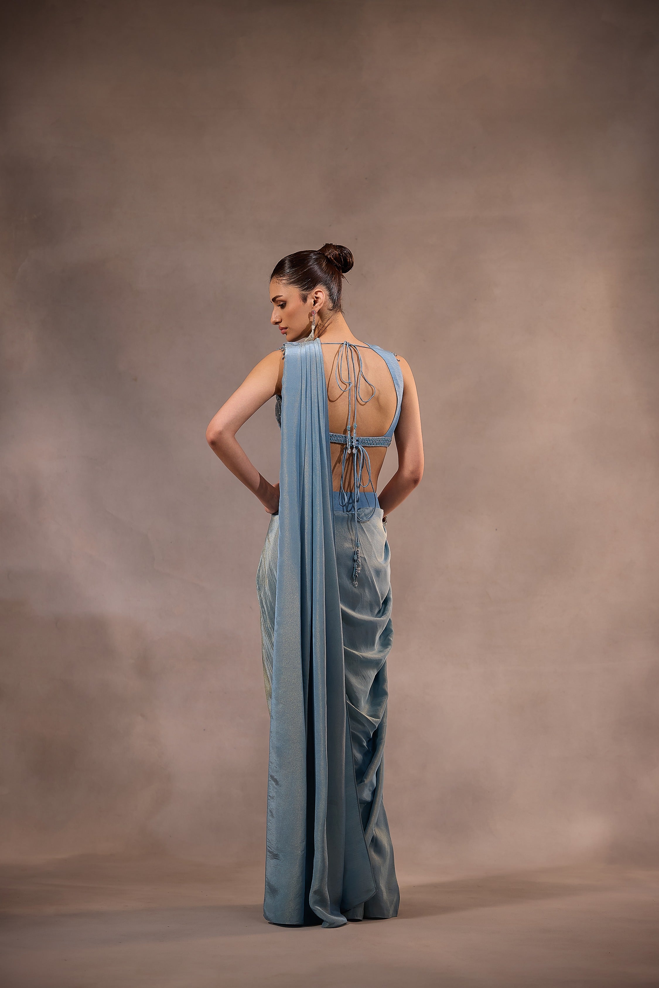 Blue Drape Saree with Embroidered Blouse