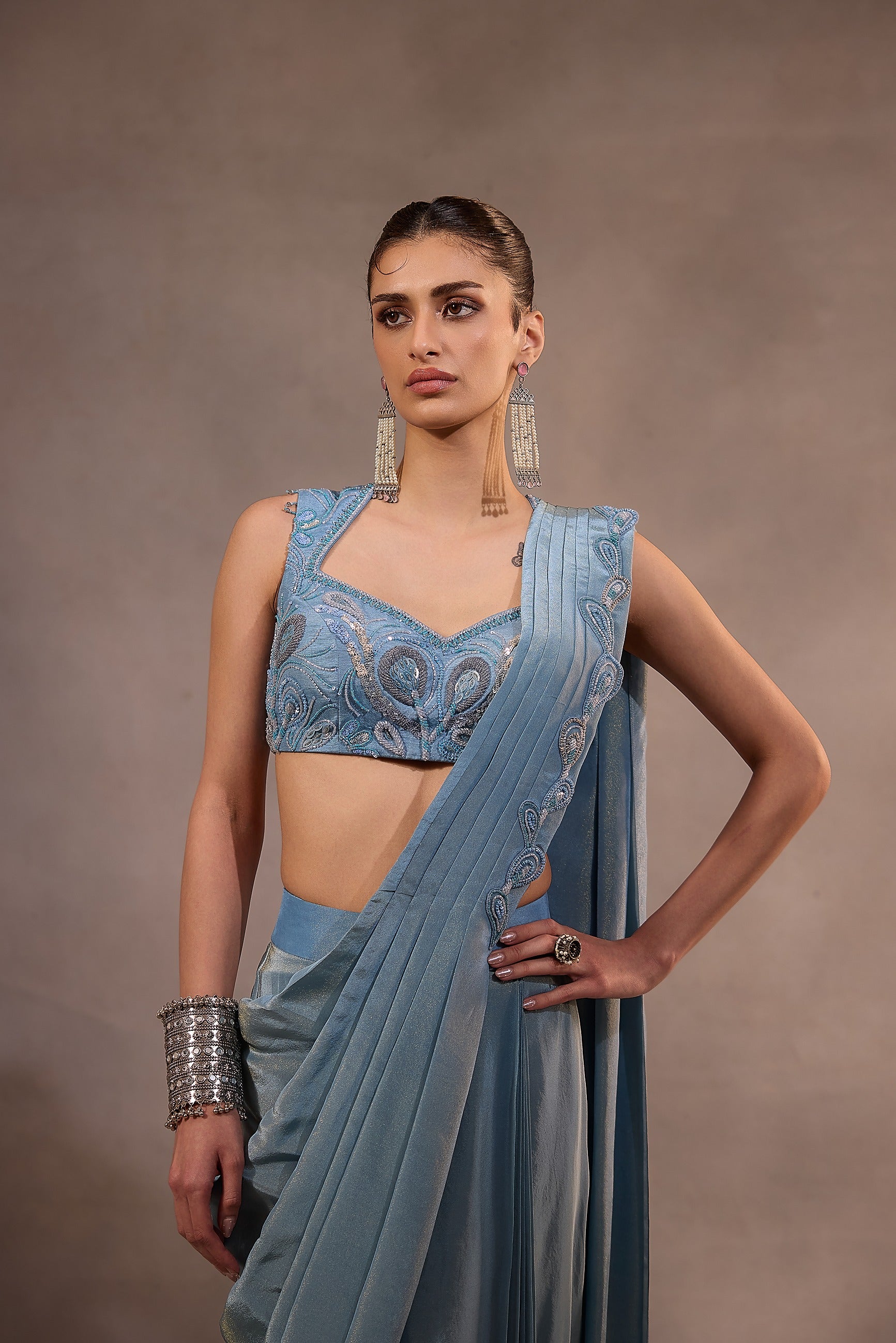 Blue Drape Saree with Embroidered Blouse