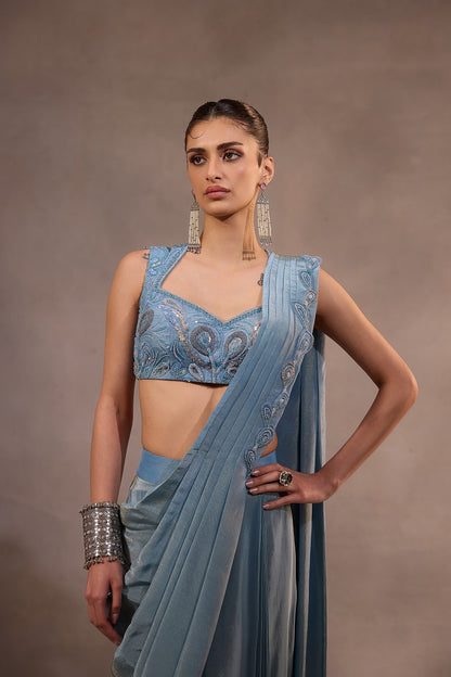 Blue Drape Saree with Embroidered Blouse