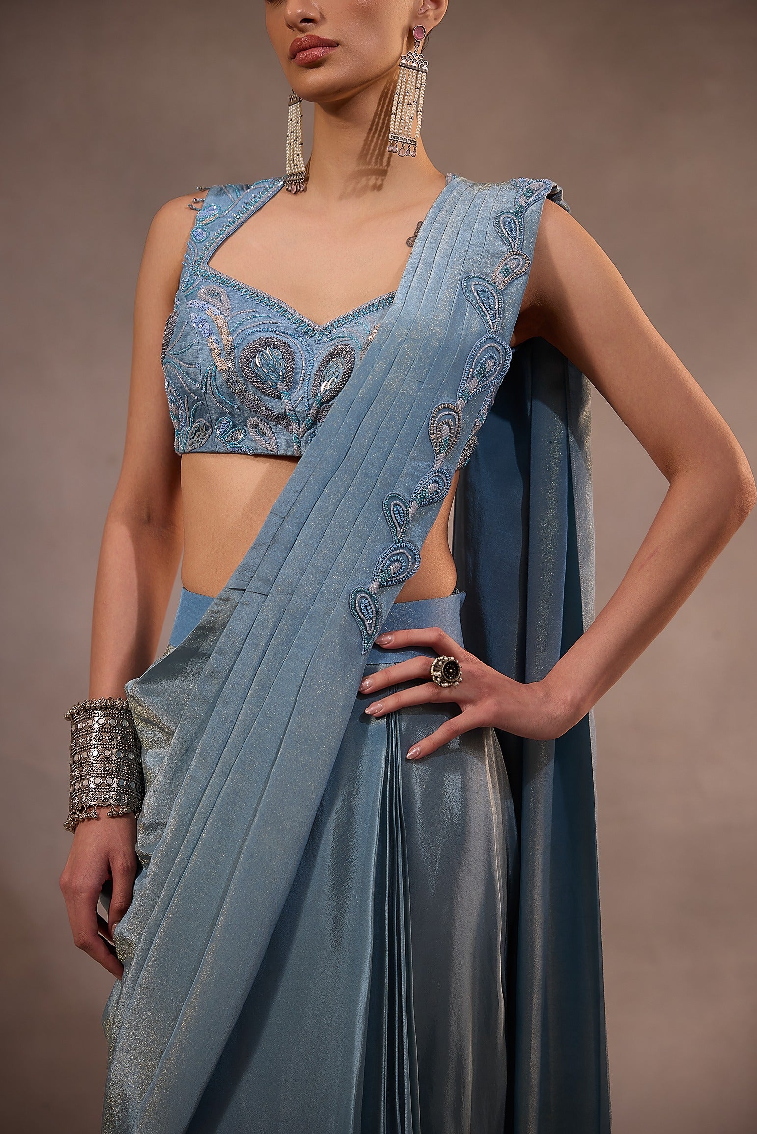 Blue Drape Saree with Embroidered Blouse