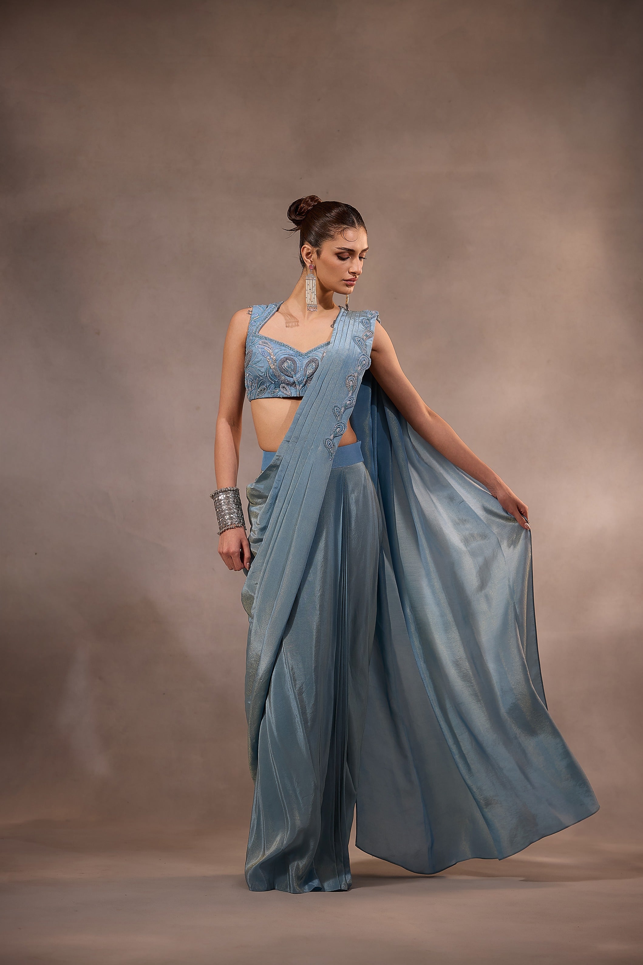 Blue Drape Saree with Embroidered Blouse