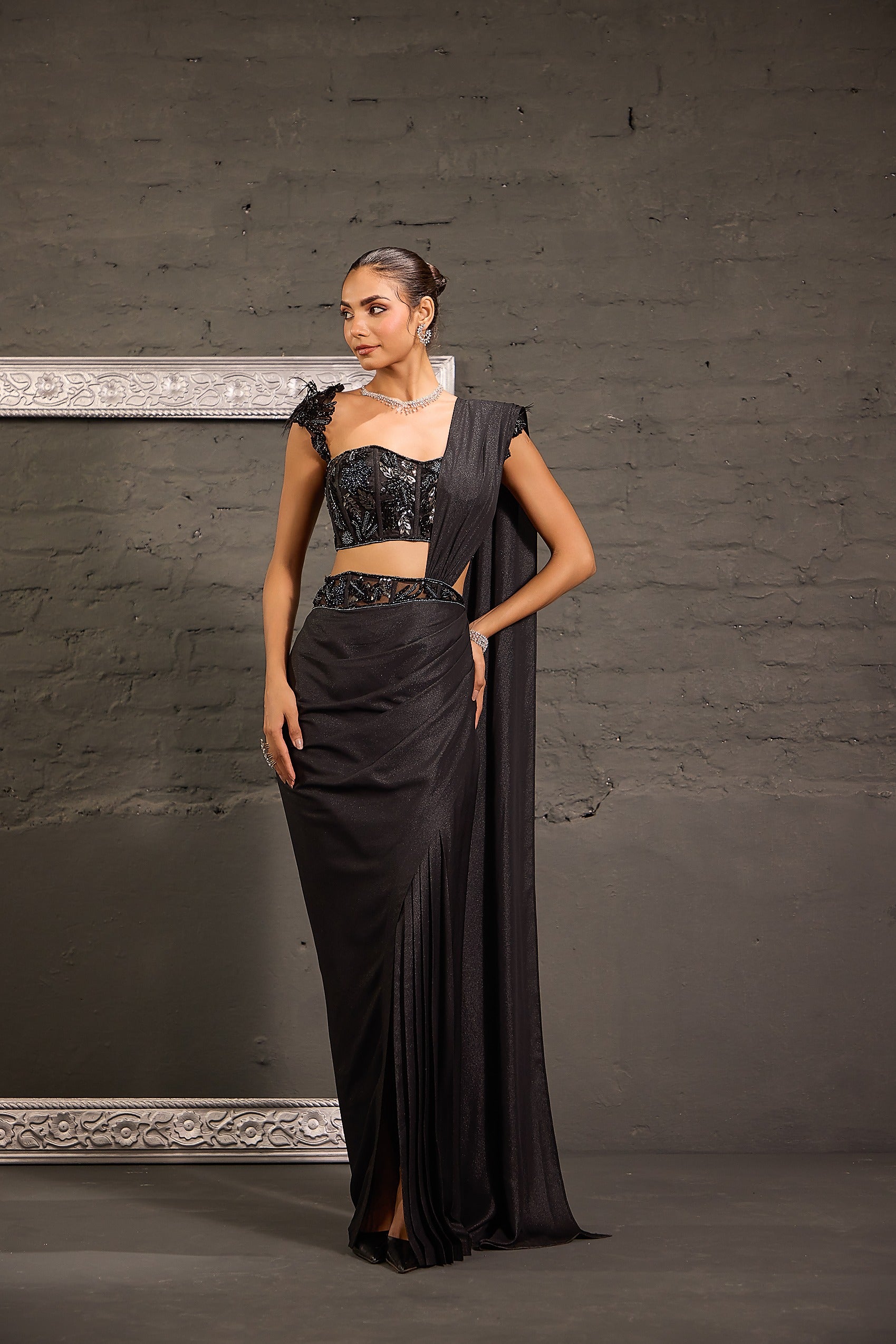 Metallic Drape Saree With Corset Cutwork Blouse