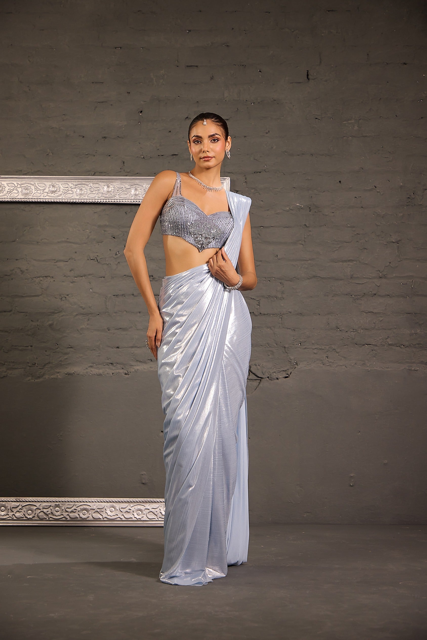 Hand Embroidered Grey Blouse With Metallic Drape Saree