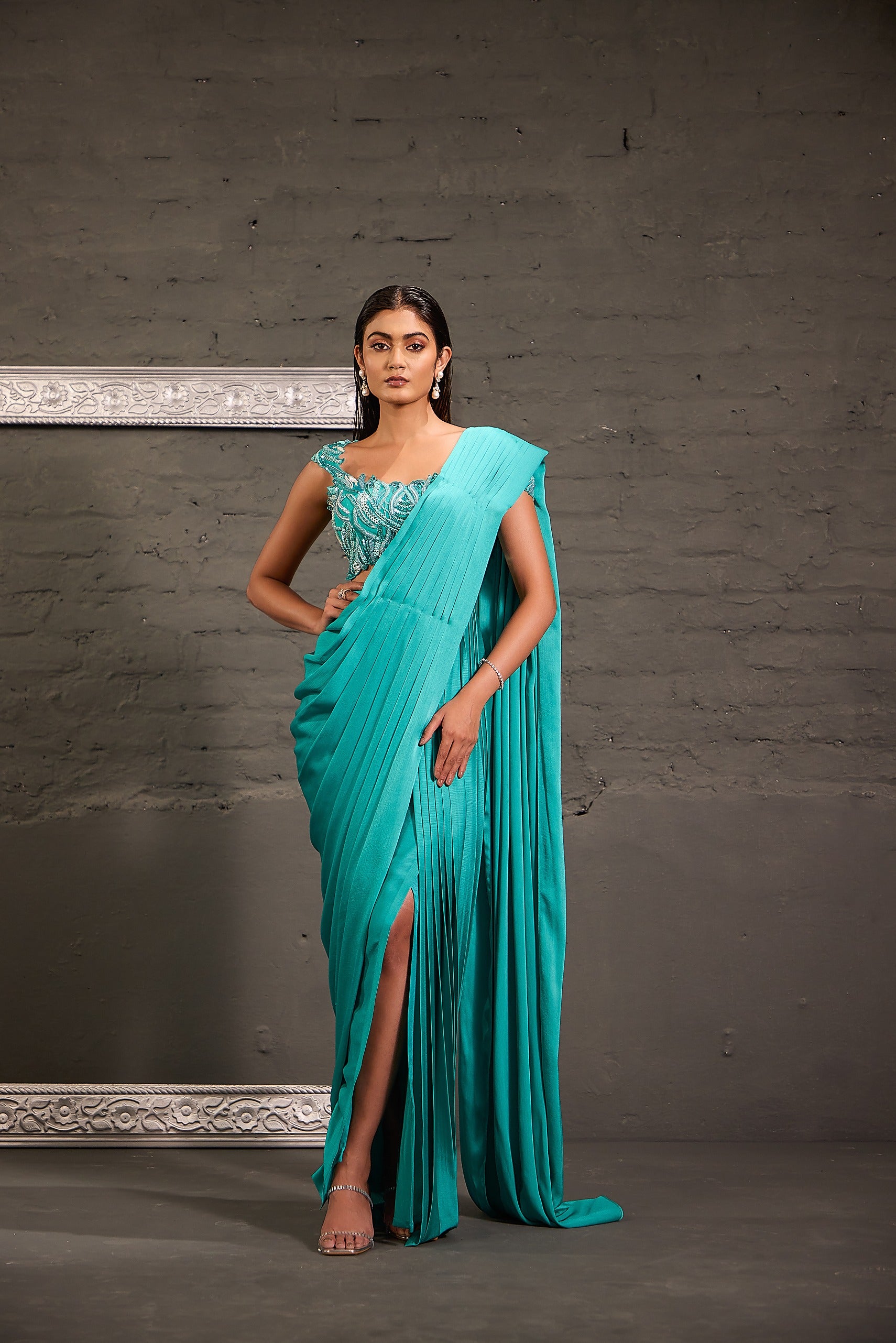 Cutwork Aqua Blue Blouse With Drape Saree