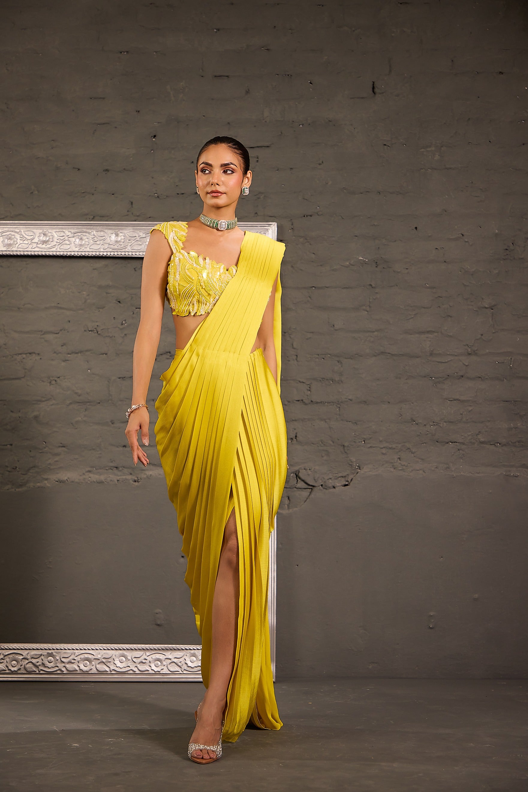 Cutwork Lime Yellow  Blouse With Drape Saree