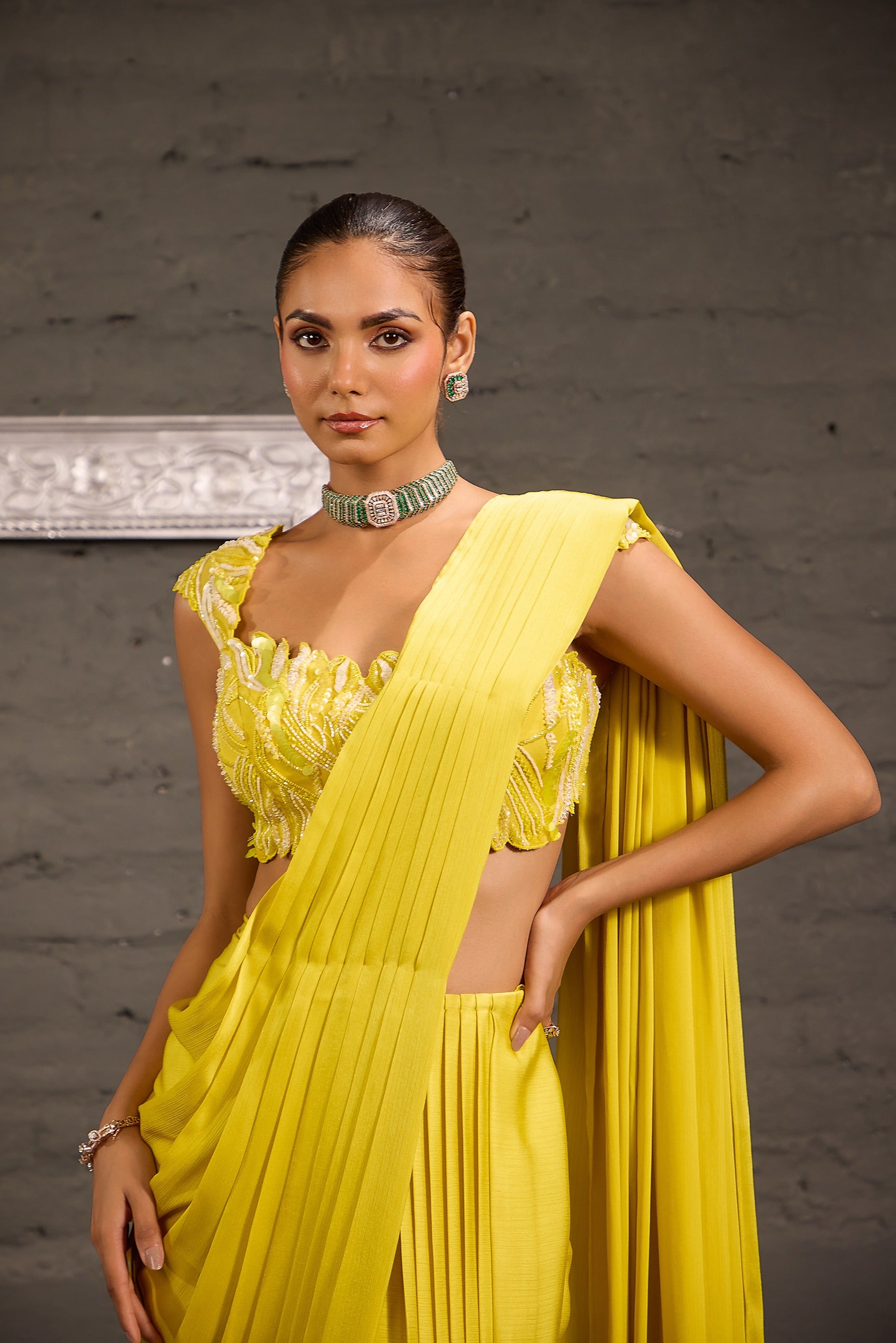 Cutwork Lime Yellow  Blouse With Drape Saree