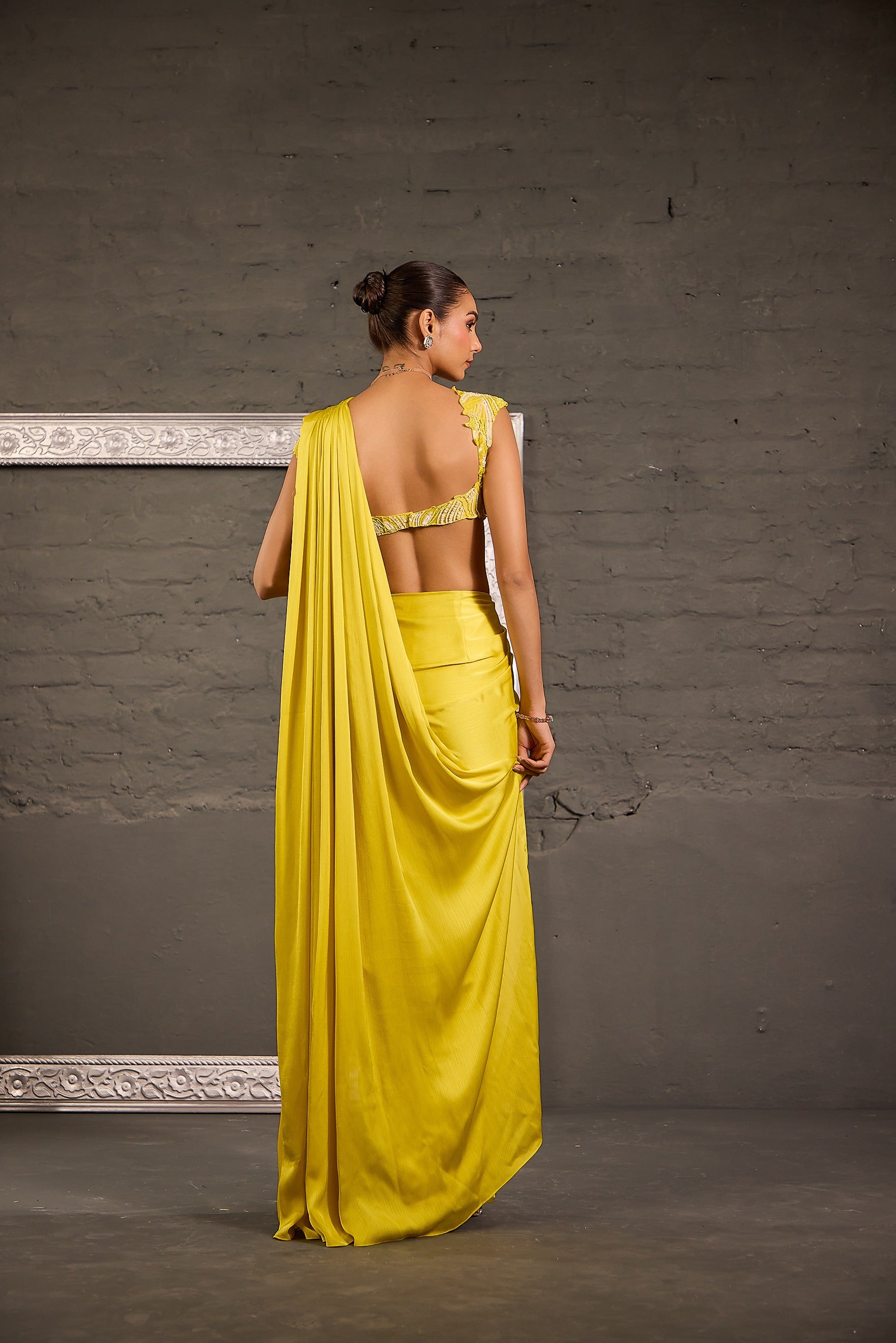 Cutwork Lime Yellow  Blouse With Drape Saree