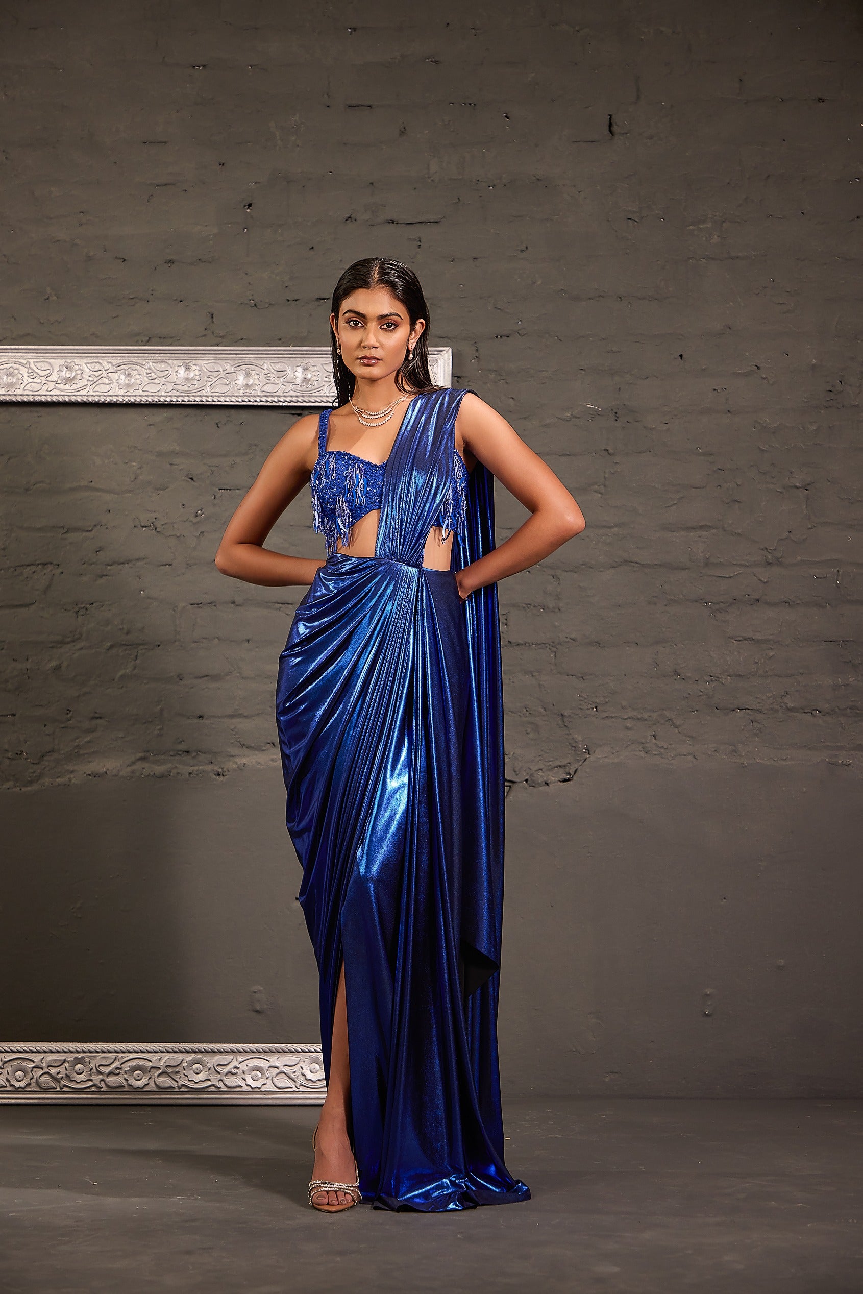 Tasseled Royal  Blue Cocktail Metallic Drape Saree Set