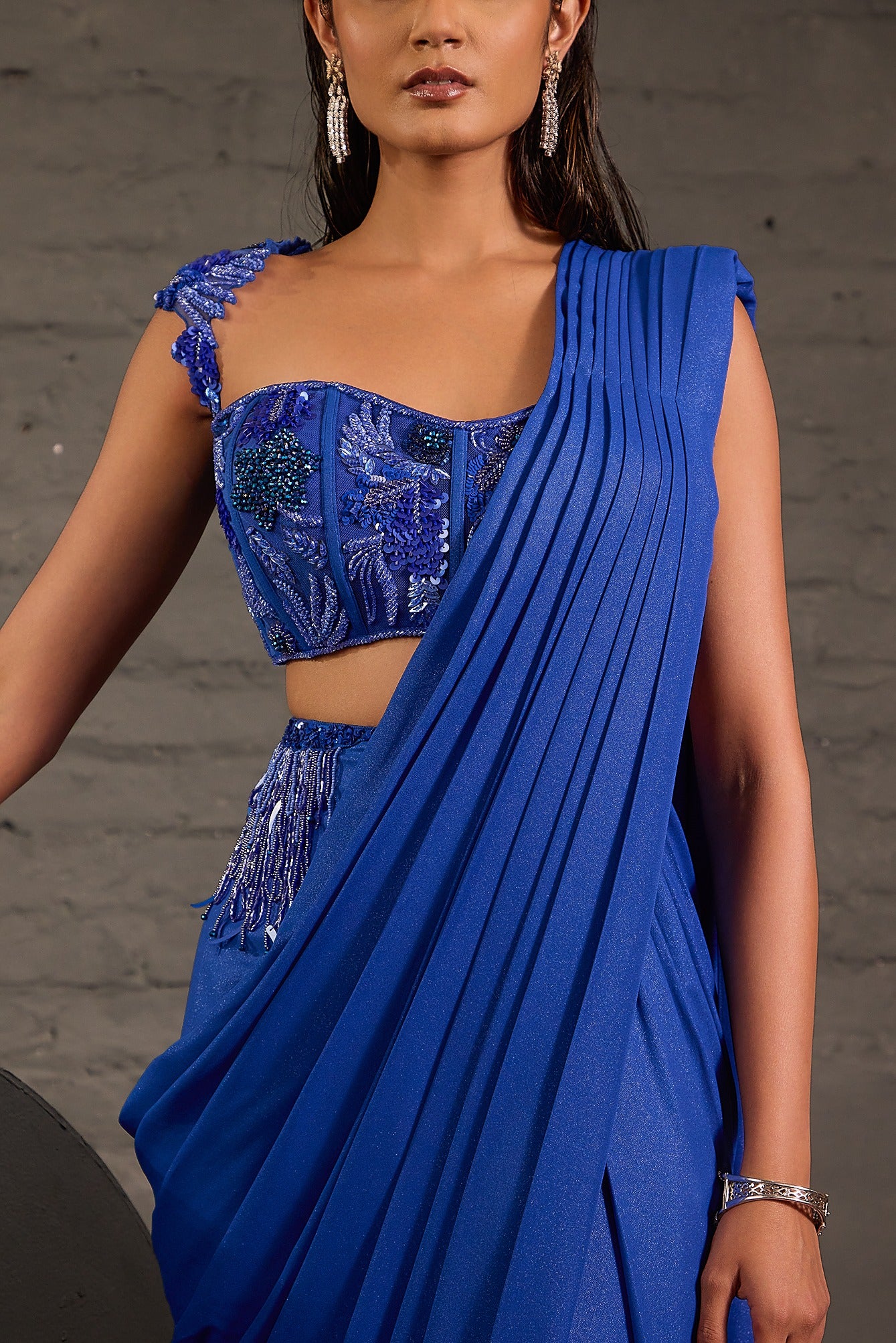 Royal Blue Metallic Drape Saree Set With Cutwork Corset Blouse